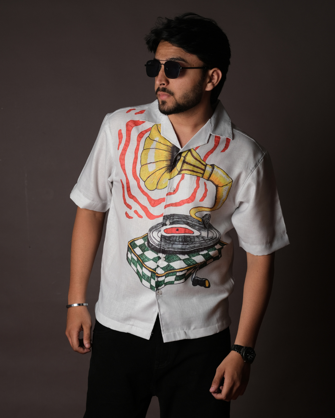 Men's Retro Print White Linen Blend Shirt