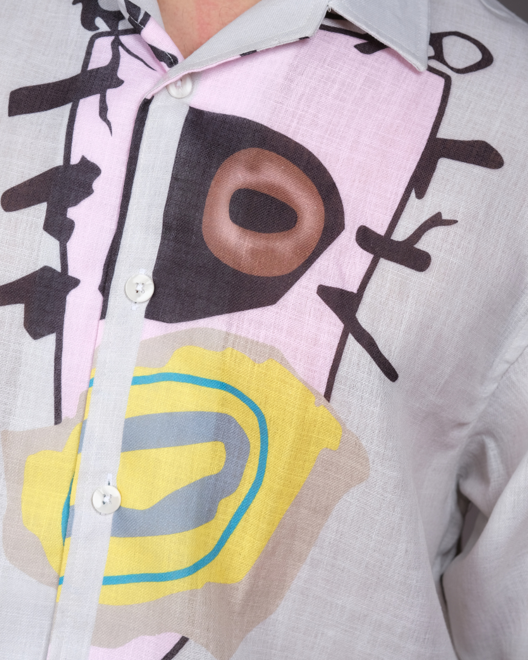 Men's Modern Abstract Print White Linen Blend Shirt
