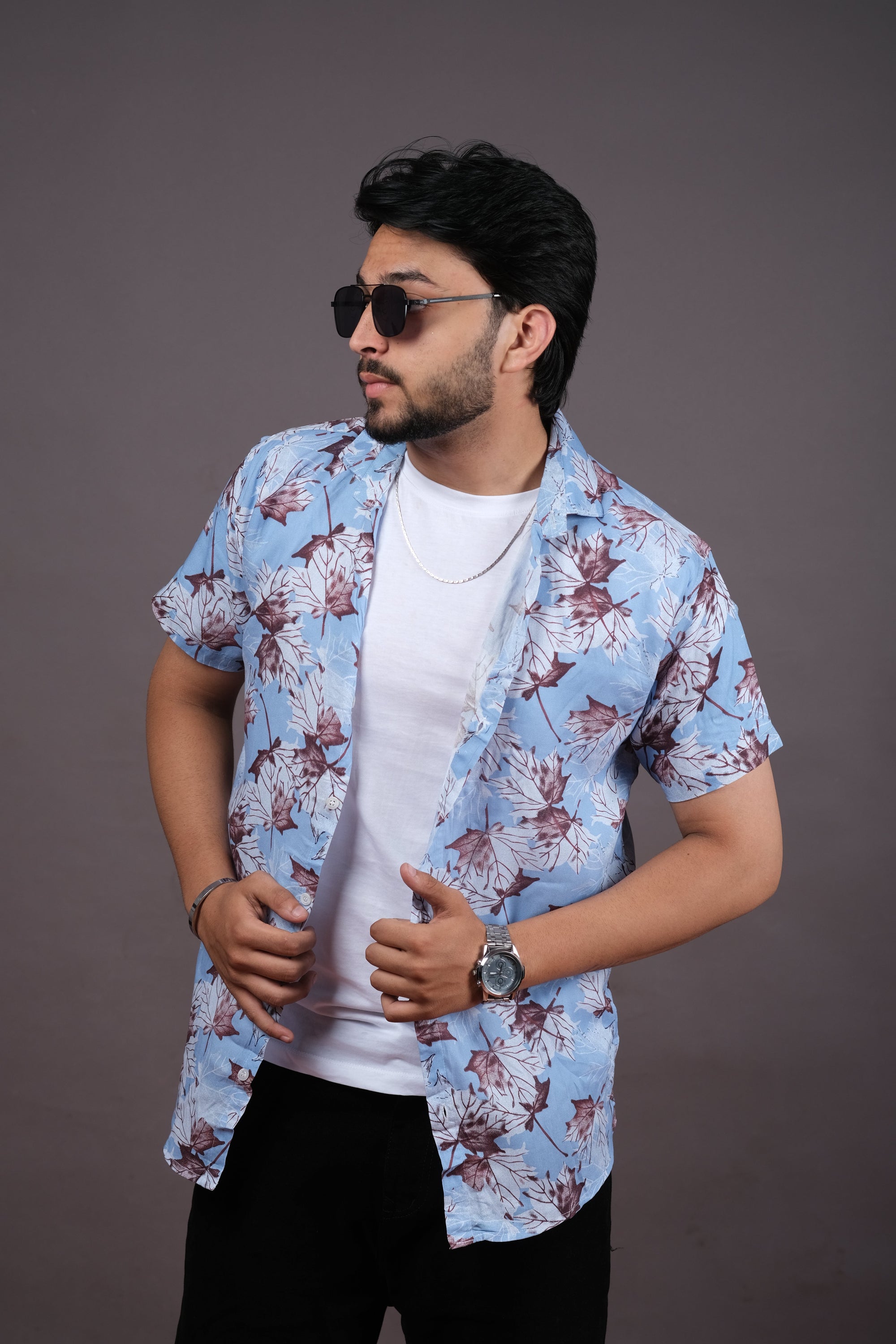 Sage Green Floral Print Casual Shirt for Men