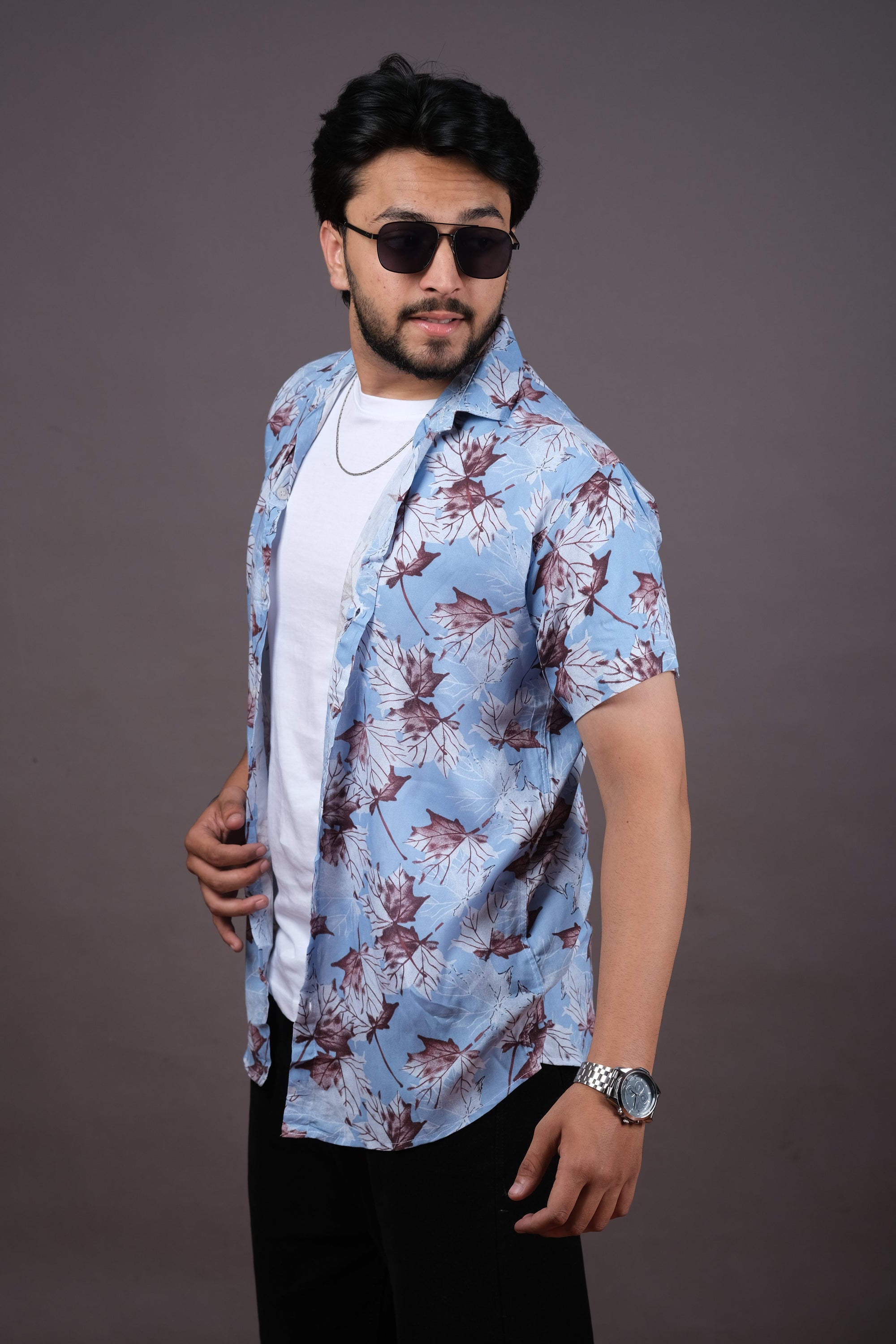 Sage Green Floral Print Casual Shirt for Men