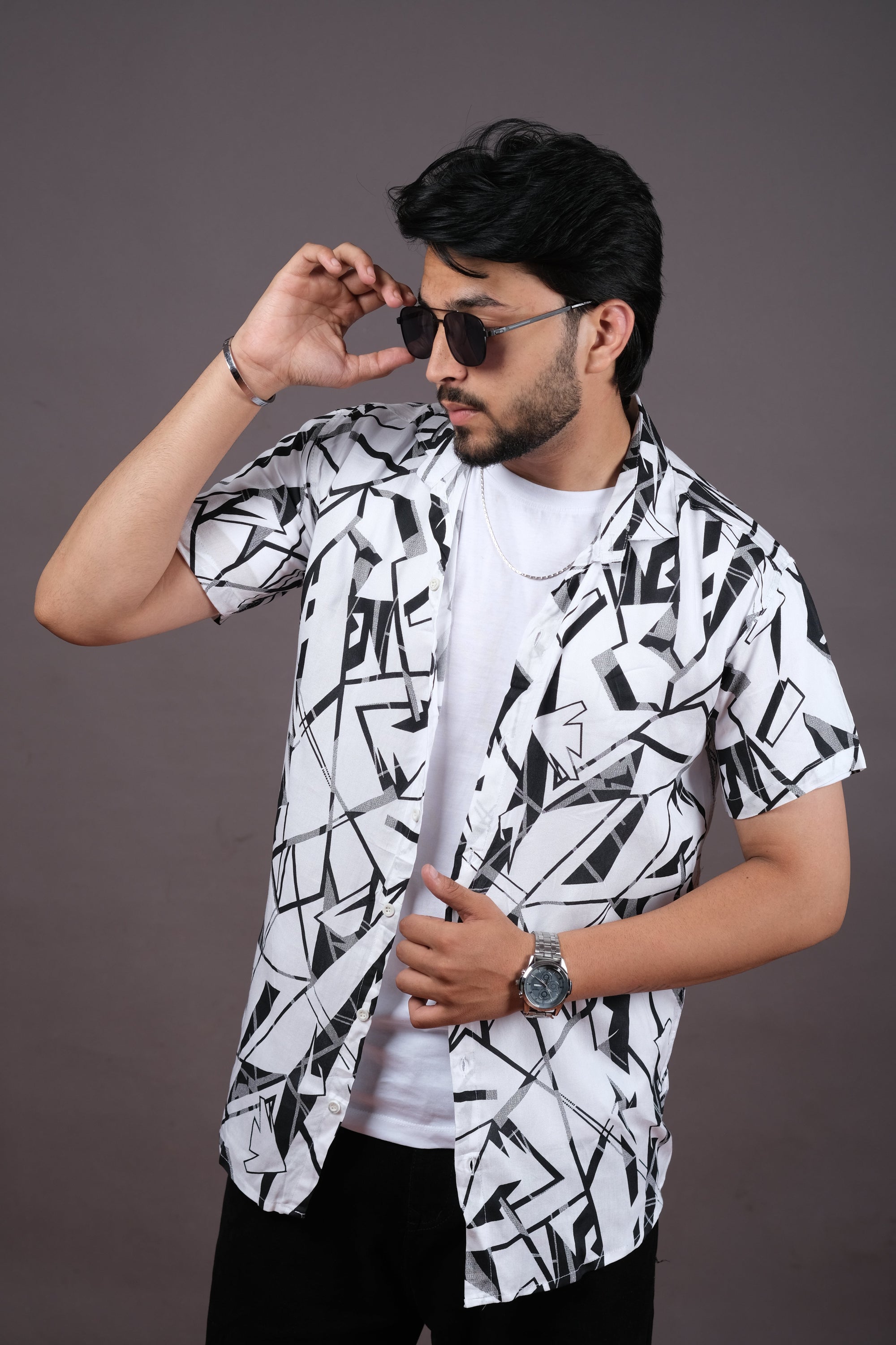 White Abstract Casual Shirt for Men