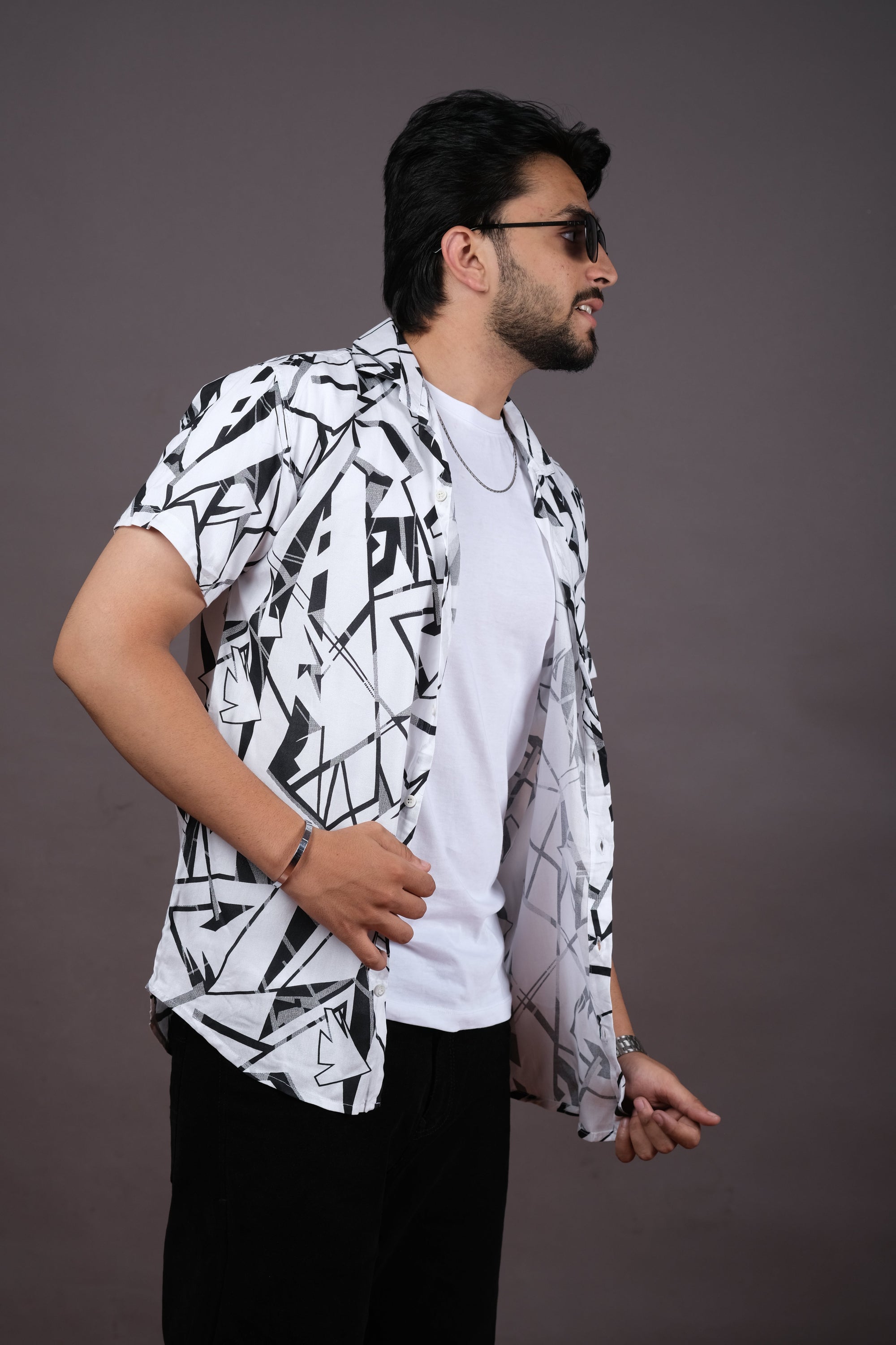 White Abstract Casual Shirt for Men