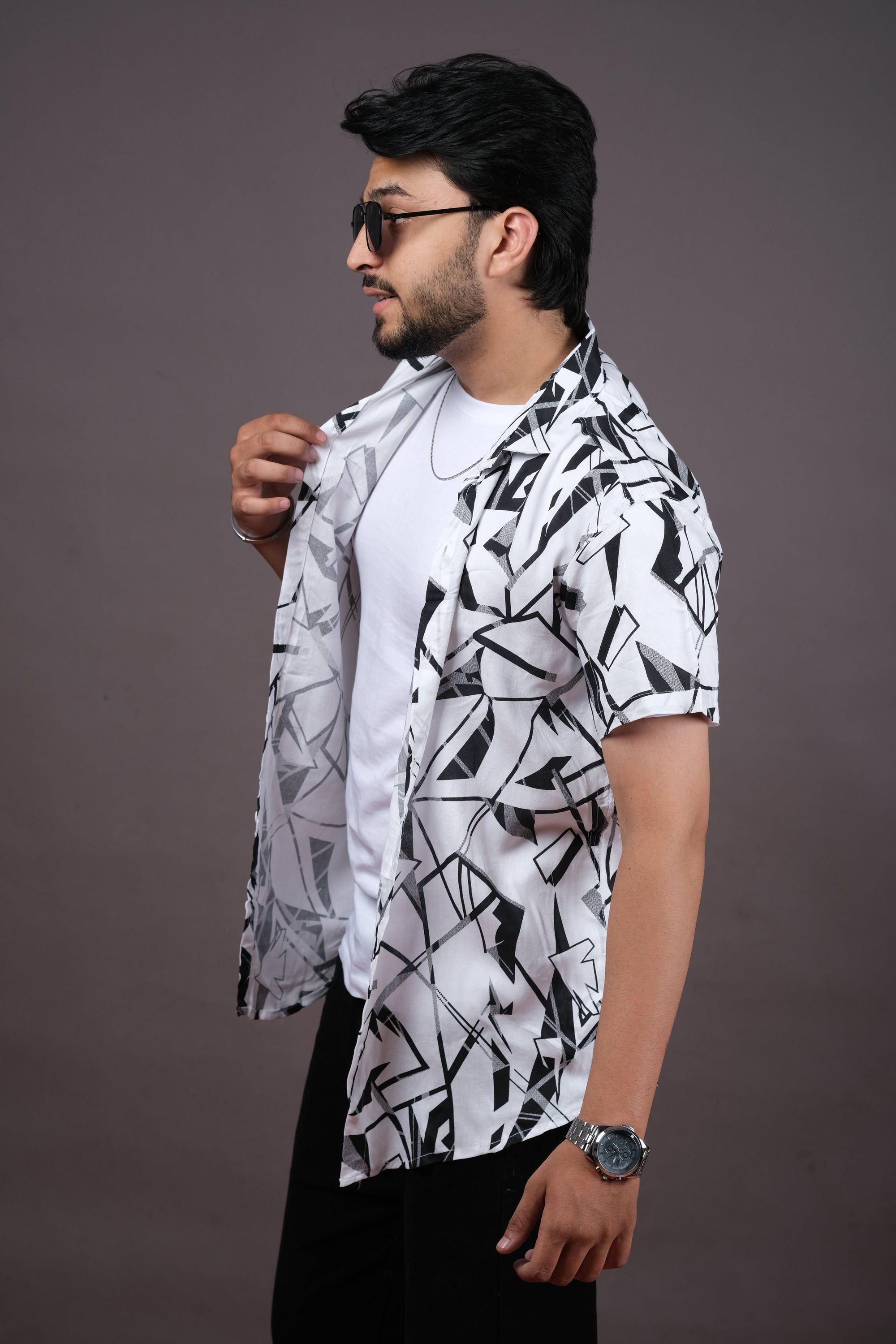 White Abstract Casual Shirt for Men
