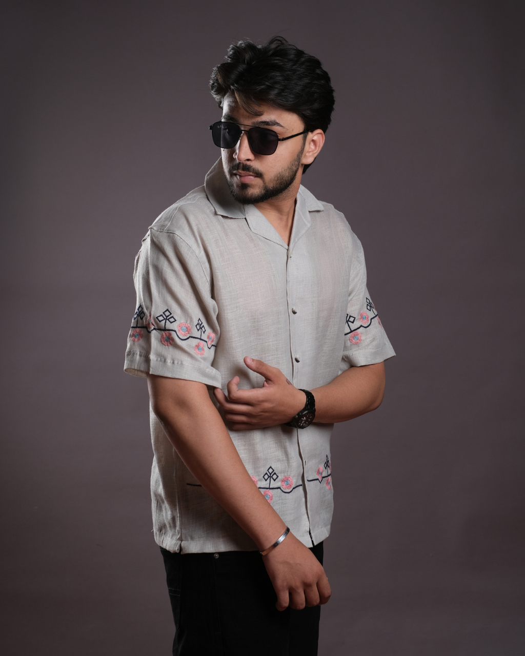 Men’s Linen Cuban Collar Shirt with Hand Embroidery