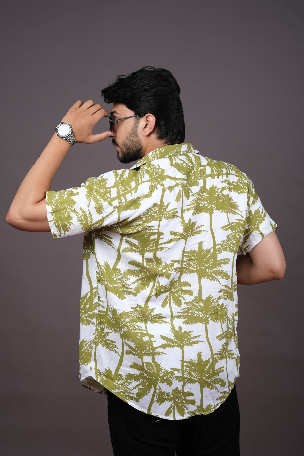 Men's Olive Green Palm Print Hawaiian Shirt