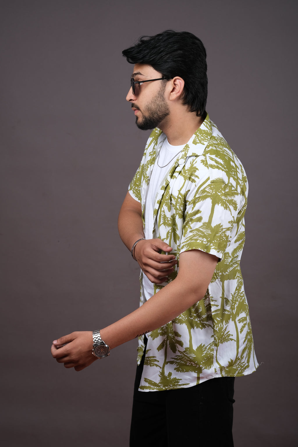 Men's Olive Green Palm Print Hawaiian Shirt