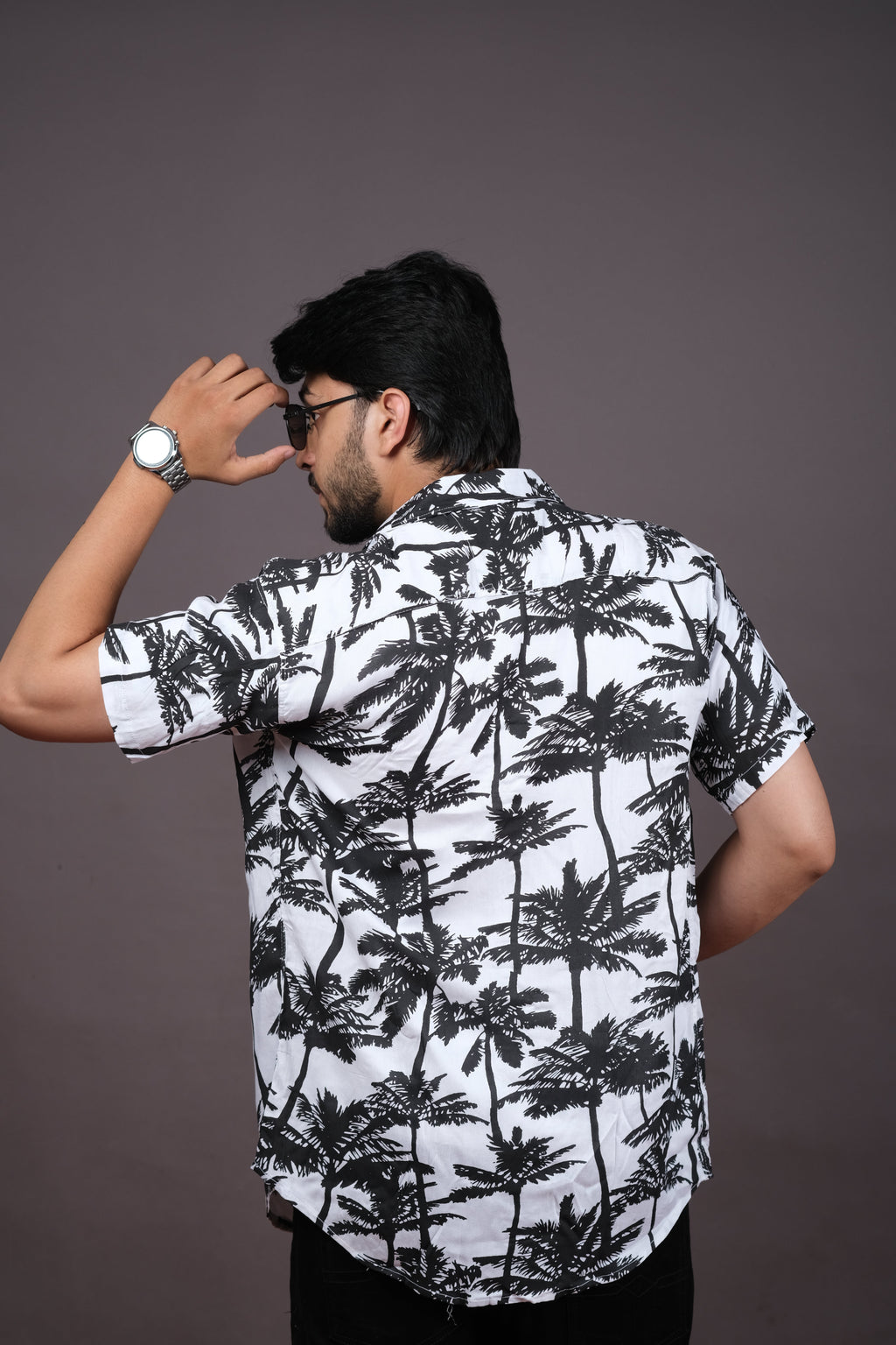 Men's Black & White Palm Print Hawaiian Shirt
