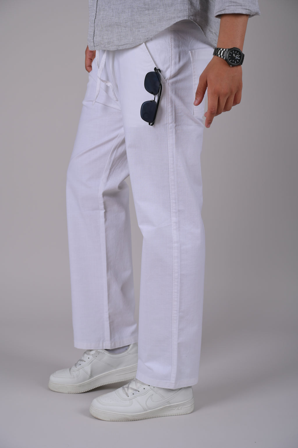 White Drawstring Relaxed Fit Pants