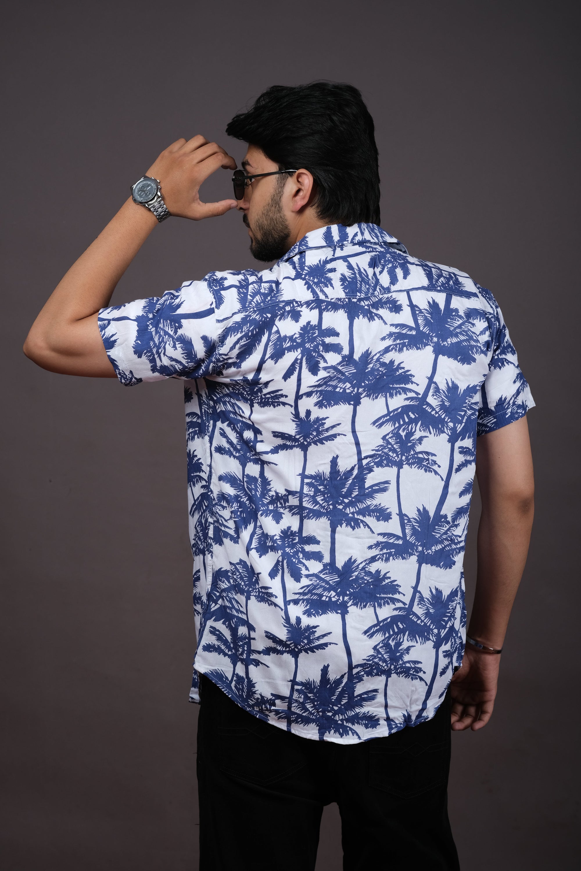 Men's White & Blue Tropical Palm Print Shirt