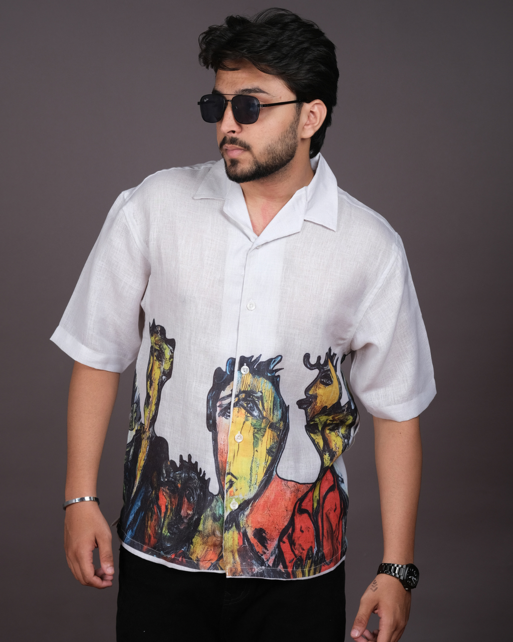 Men's Artistic Abstract Print White Linen Blend Shirt