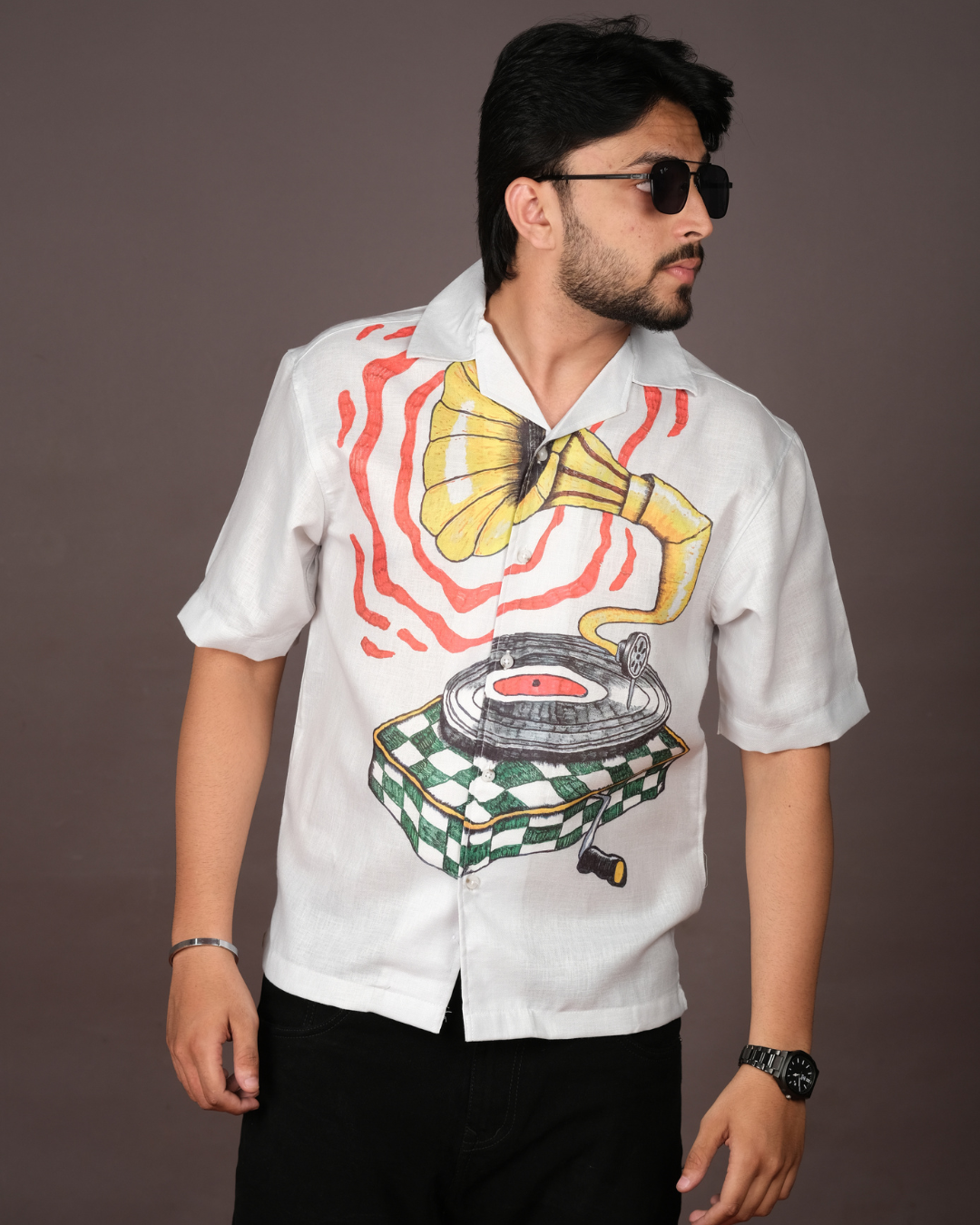 Men's Retro Print White Linen Blend Shirt