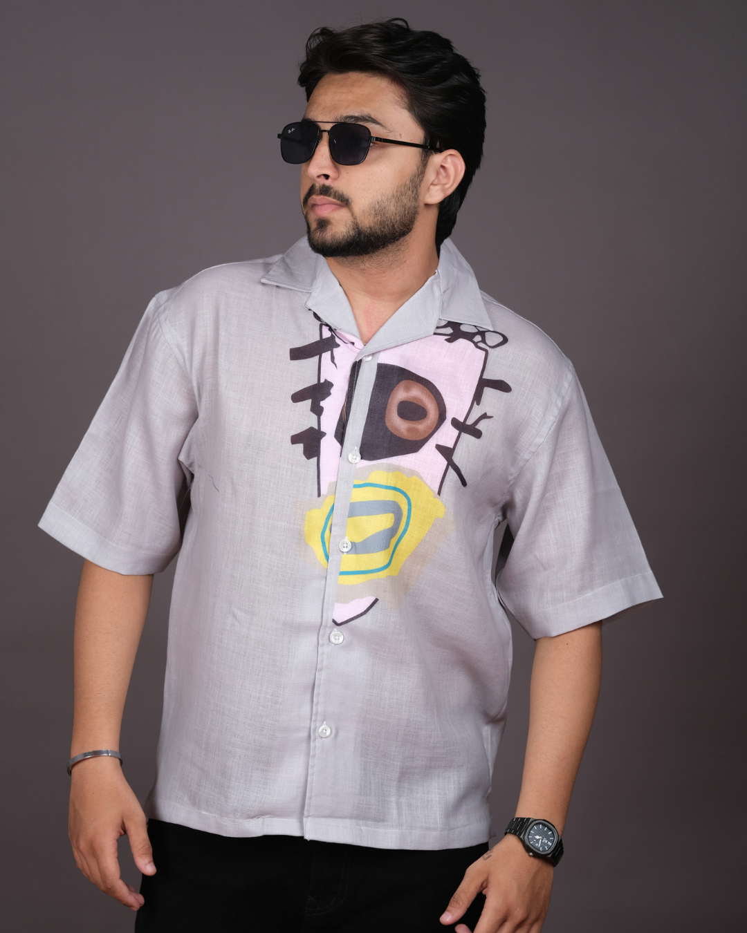 Men's Modern Abstract Print Light Grey Linen Blend Shirt