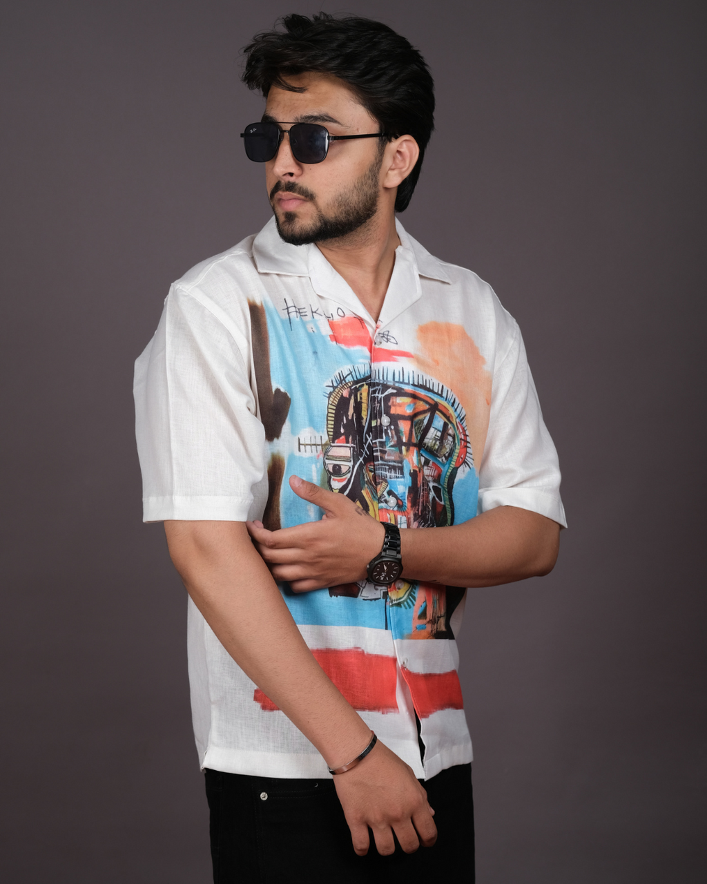 Men's Artistic Graffiti Print White Linen Blend Shirt