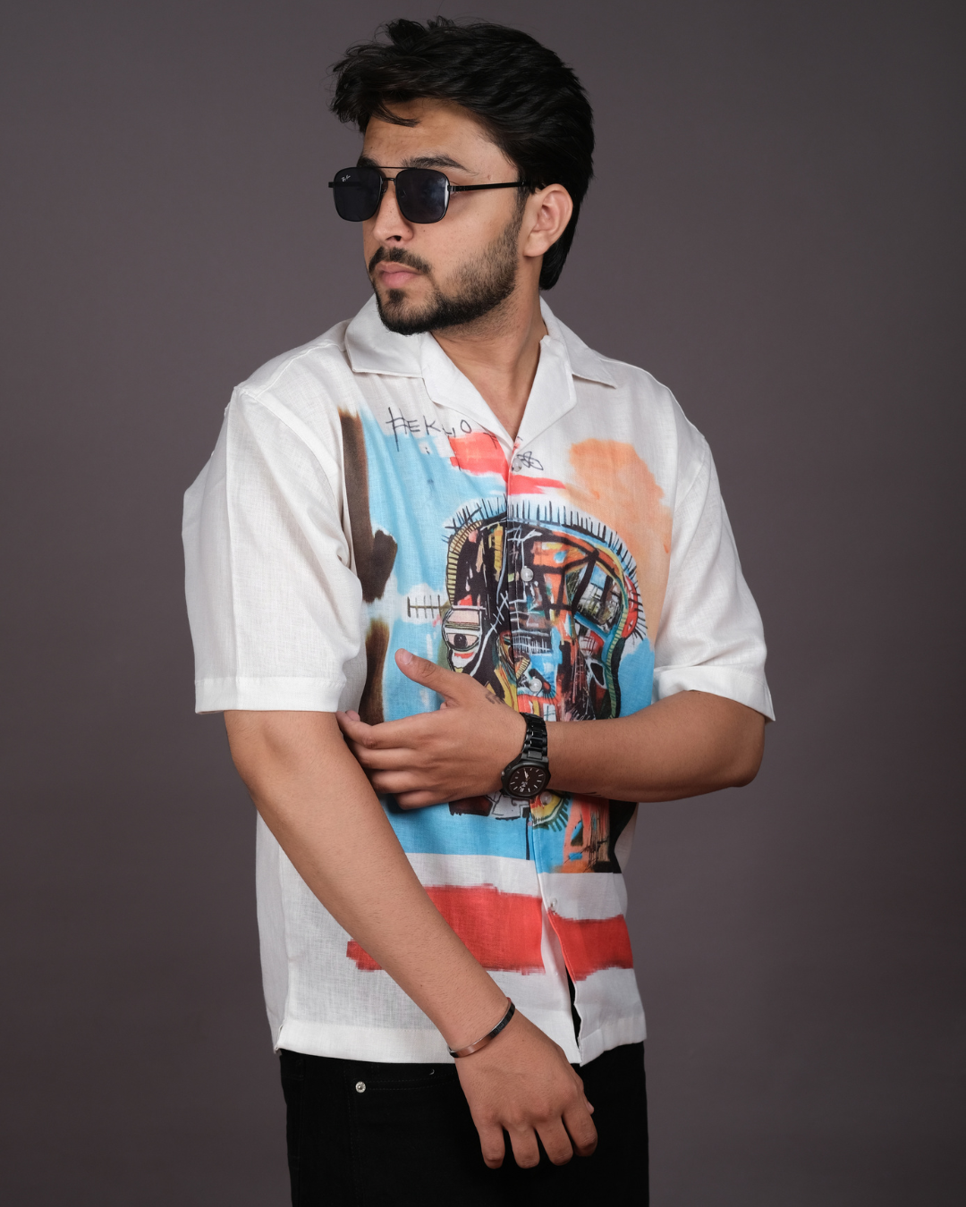 Men's Artistic Graffiti Print White Linen Blend Shirt
