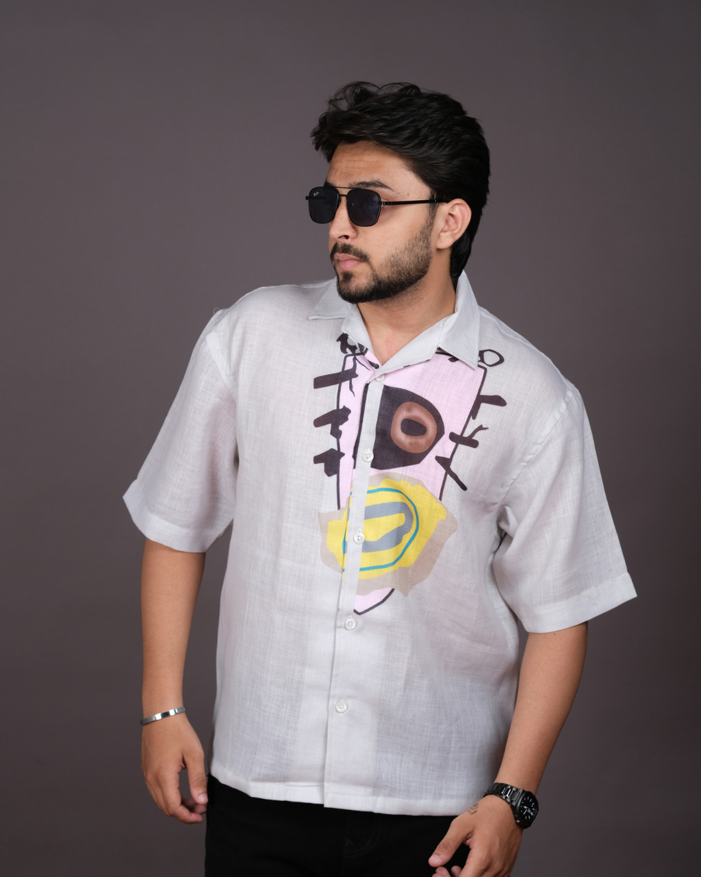 Men's Modern Abstract Print White Linen Blend Shirt