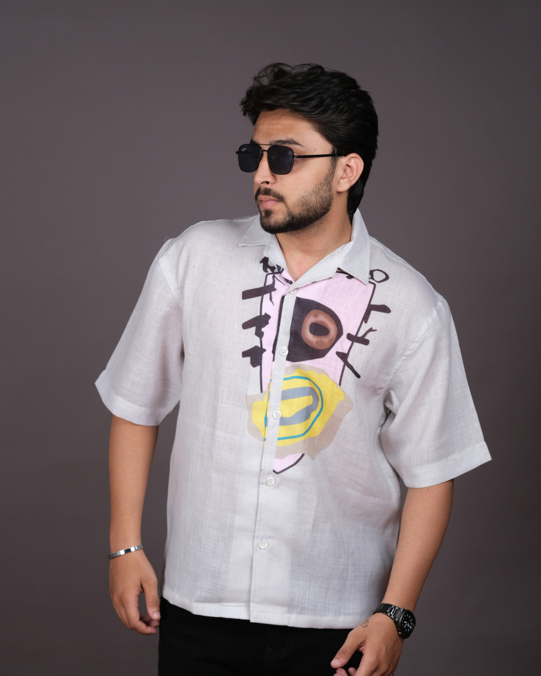 Men's Modern Abstract Print White Linen Blend Shirt