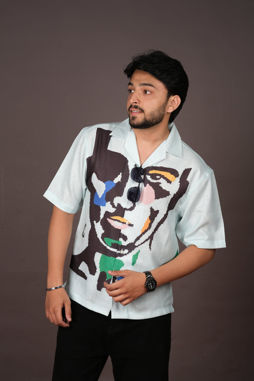 Men's Portrait Art Light Blue Linen Blend Shirt