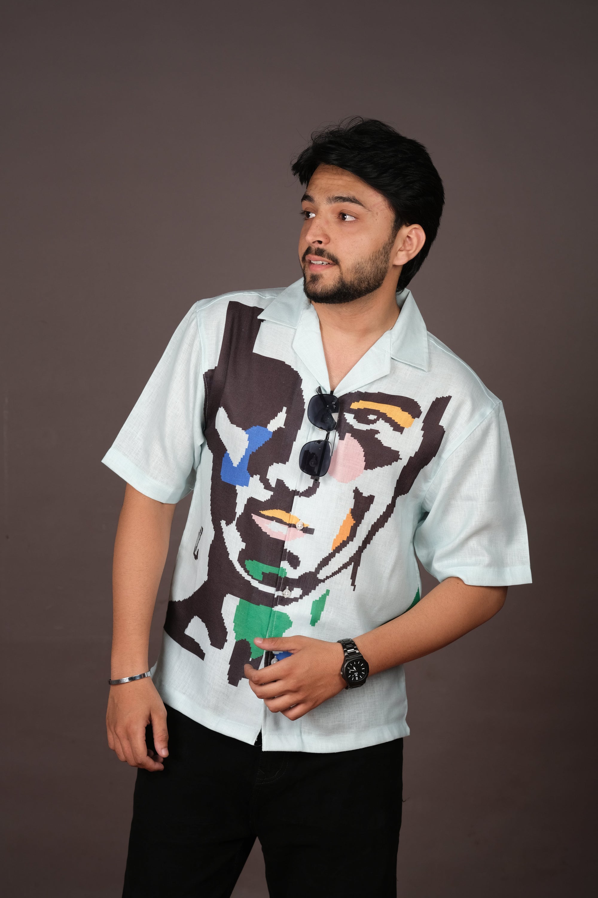 Men's Portrait Art Light Blue Linen Blend Shirt