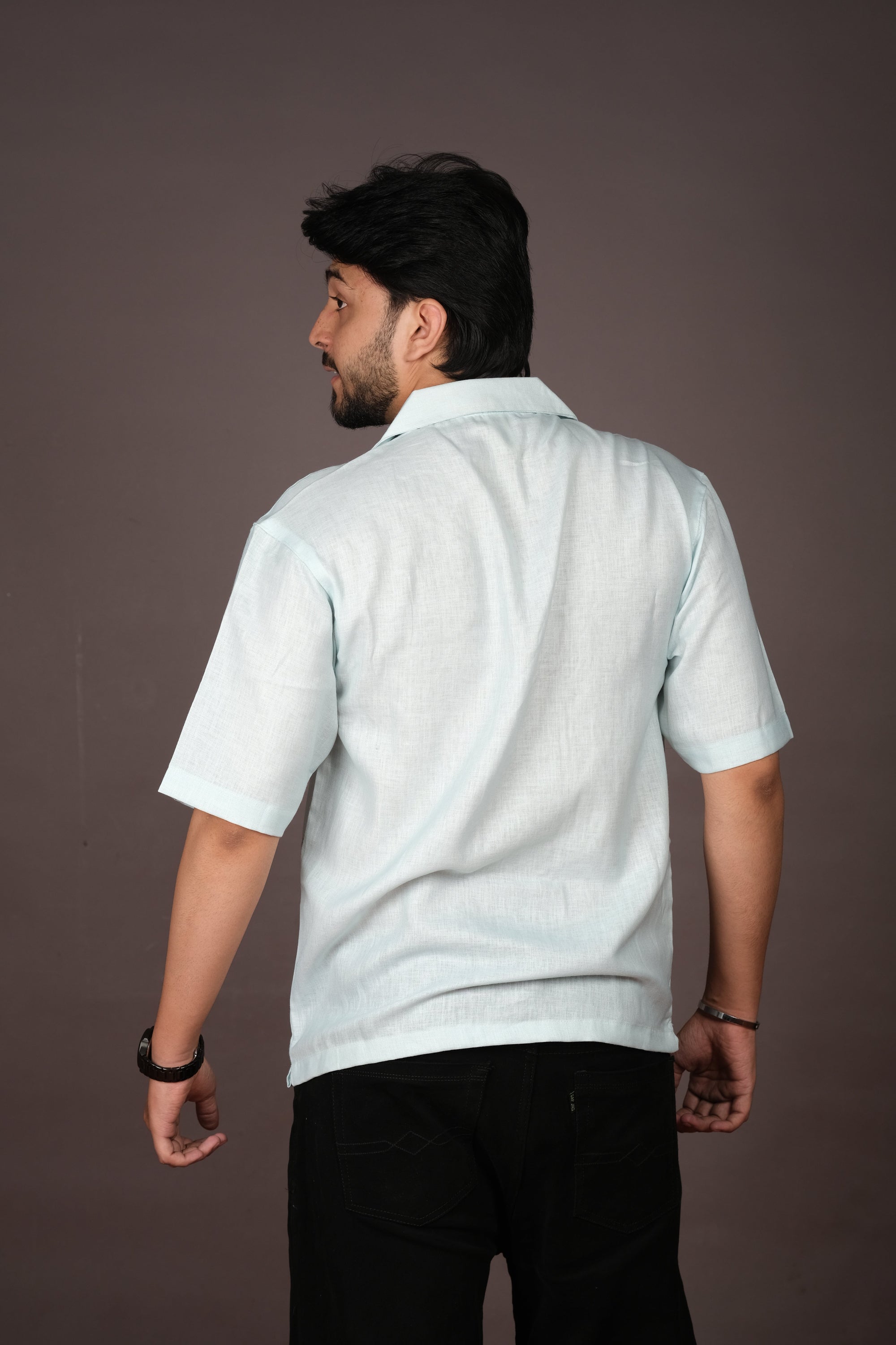 Men's Portrait Art Light Blue Linen Blend Shirt