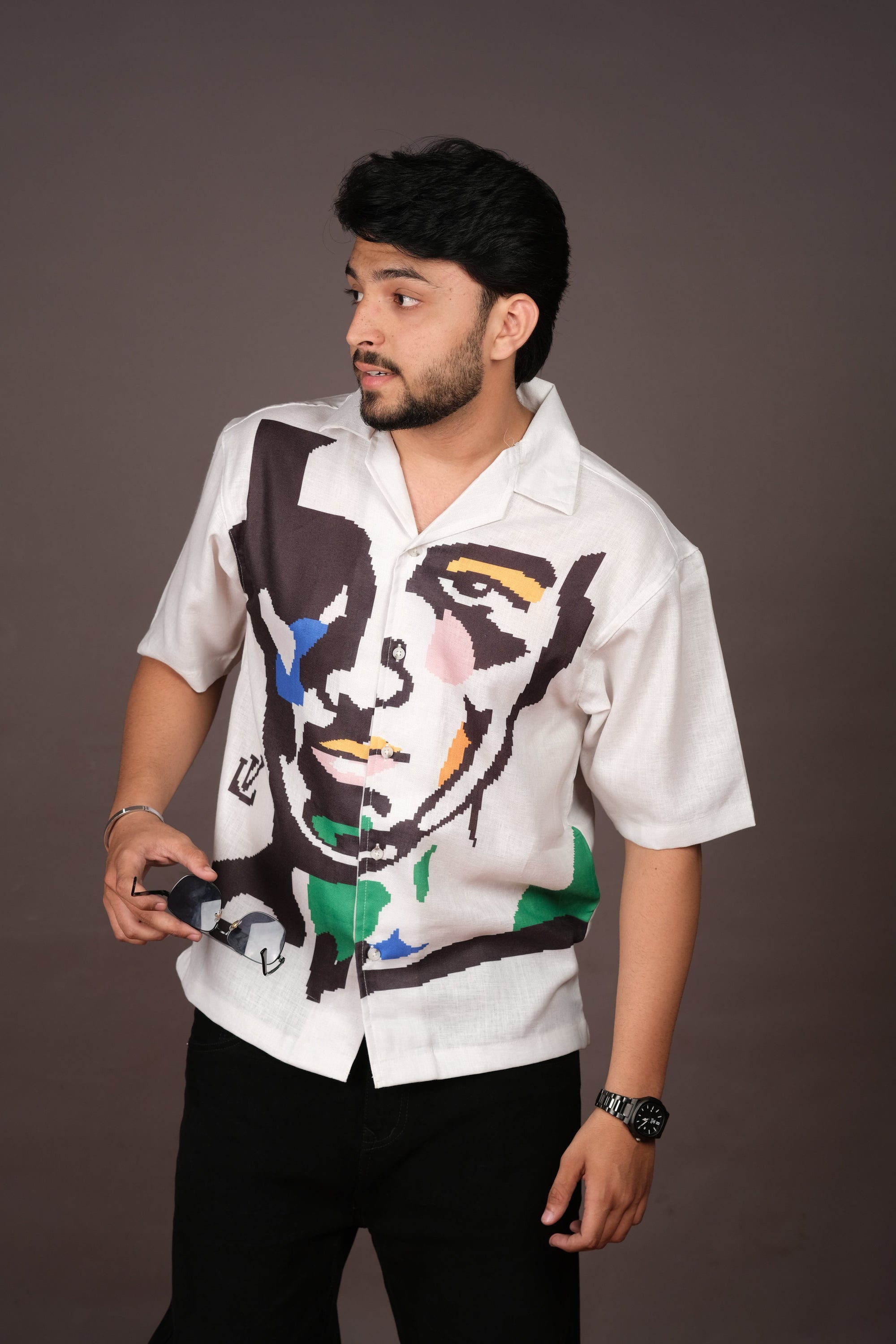 Men's Portrait Art White Linen Blend Shirt