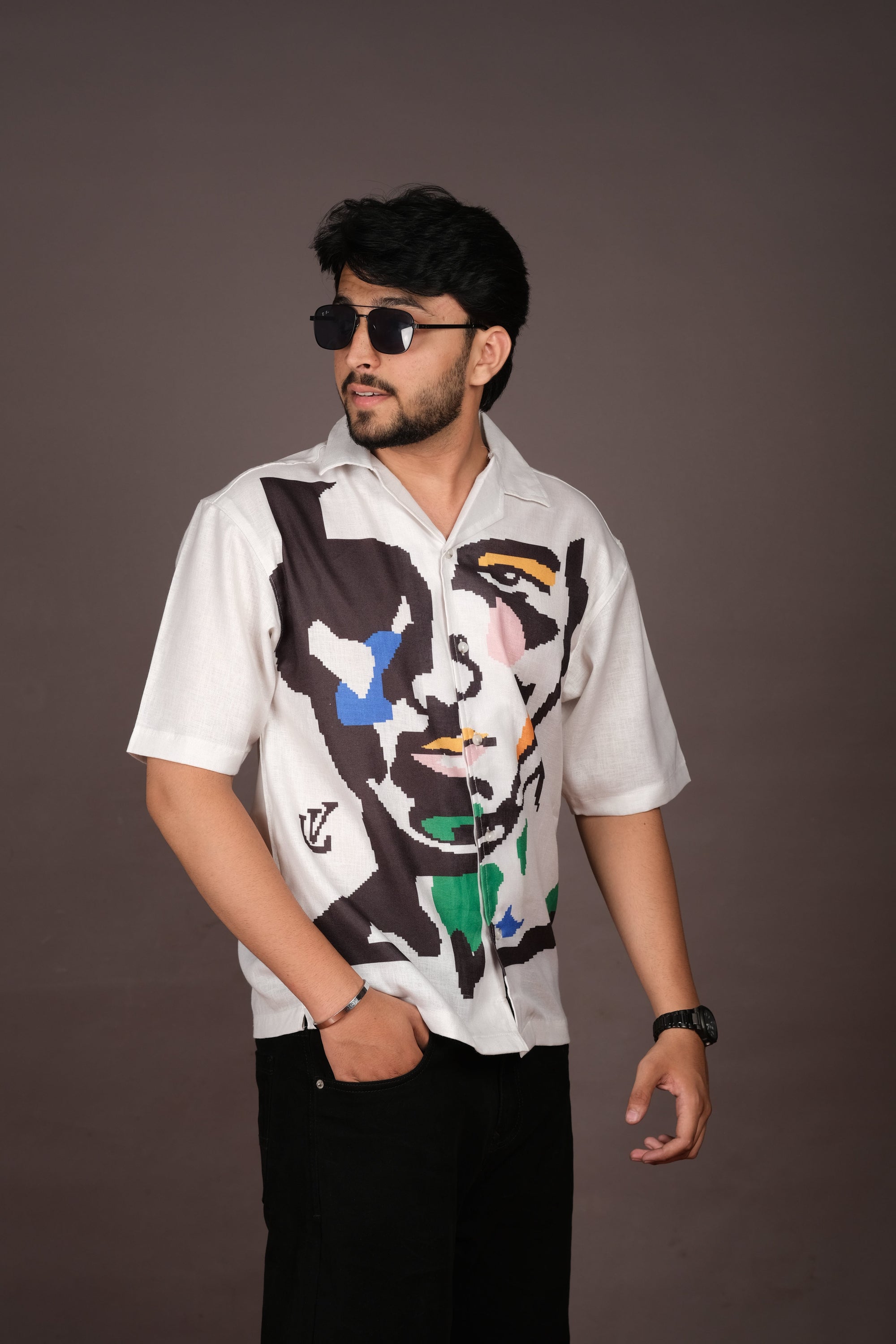 Men's Portrait Art White Linen Blend Shirt