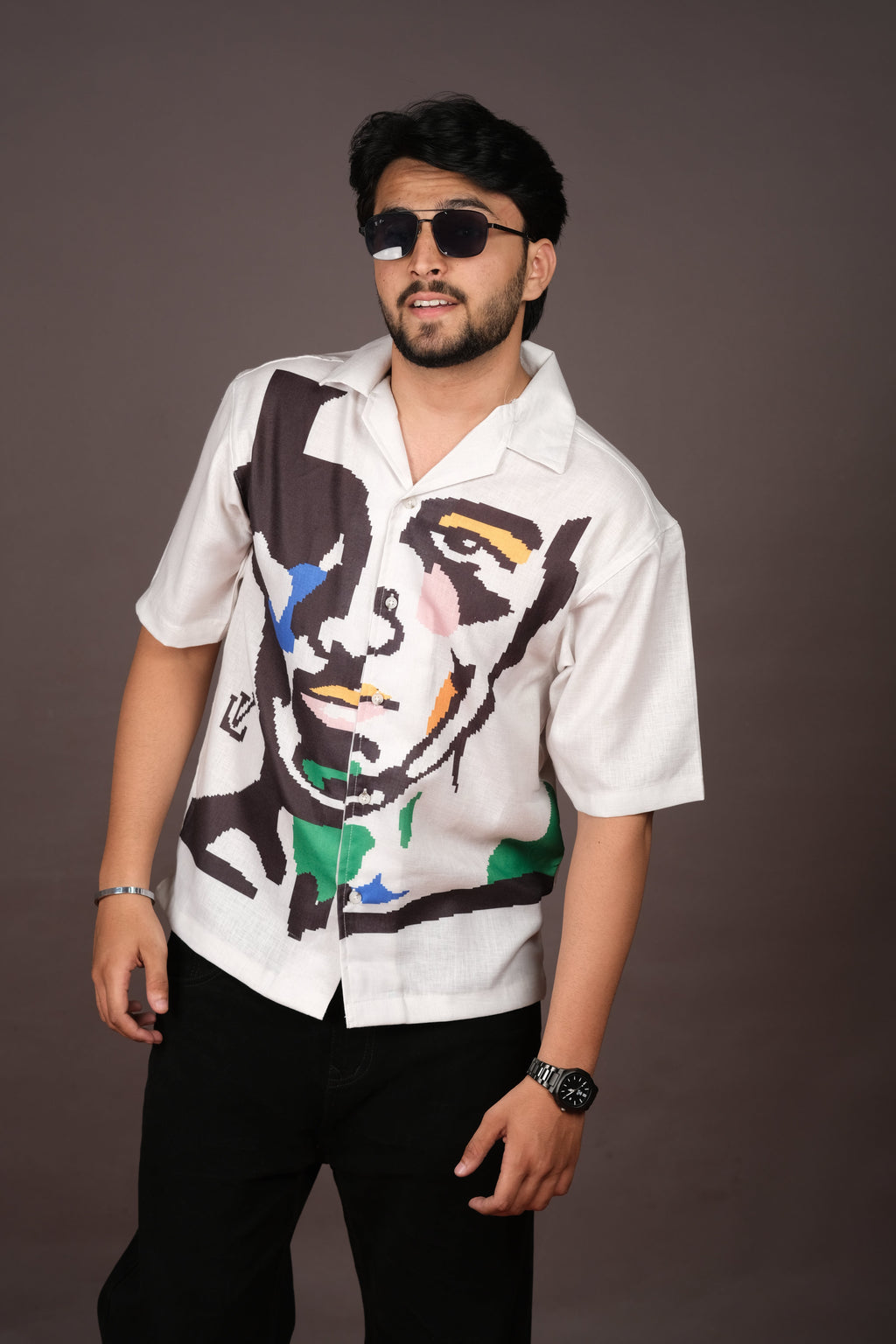 Men's Portrait Art White Linen Blend Shirt