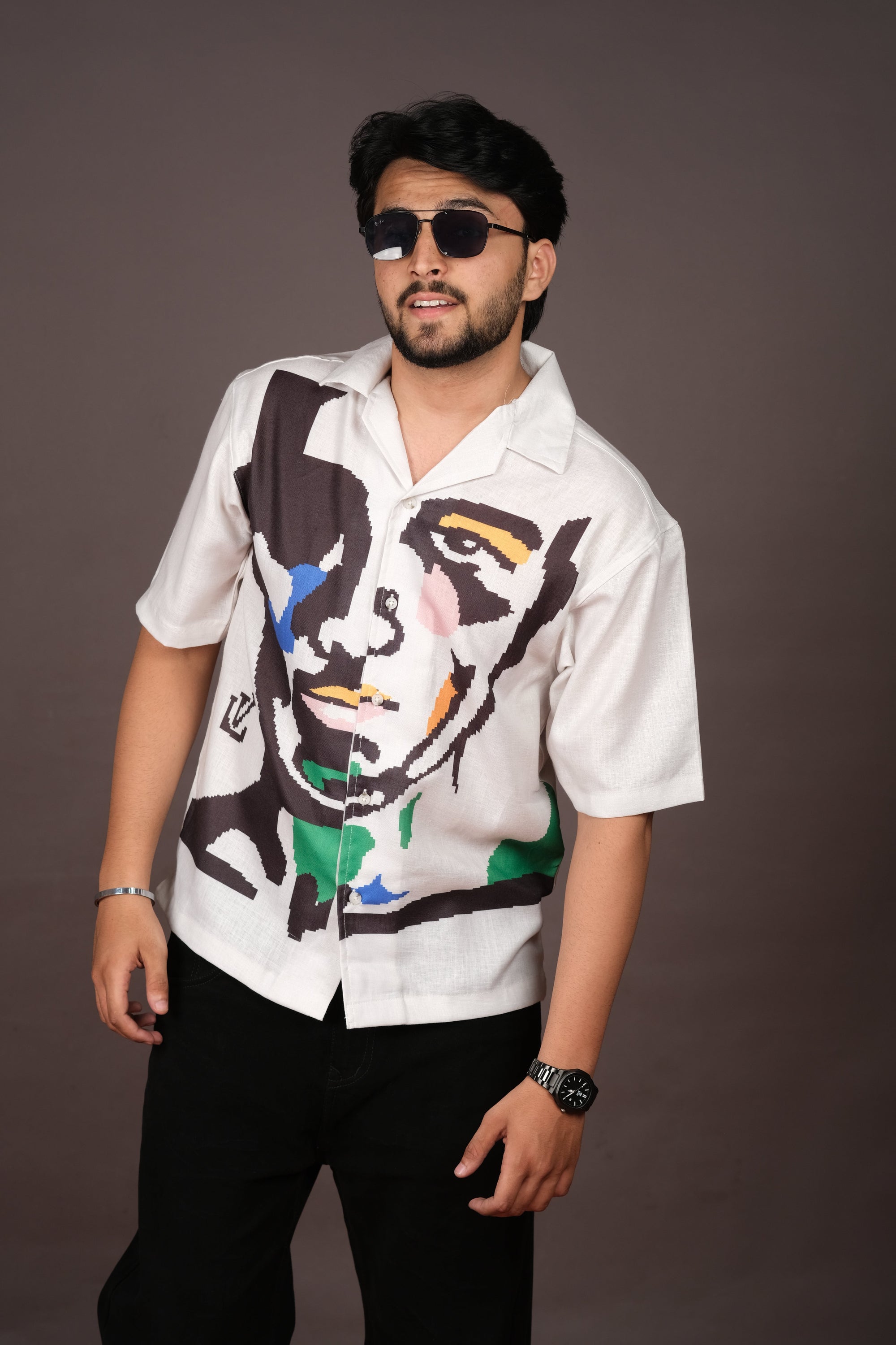 Men's Portrait Art White Linen Blend Shirt