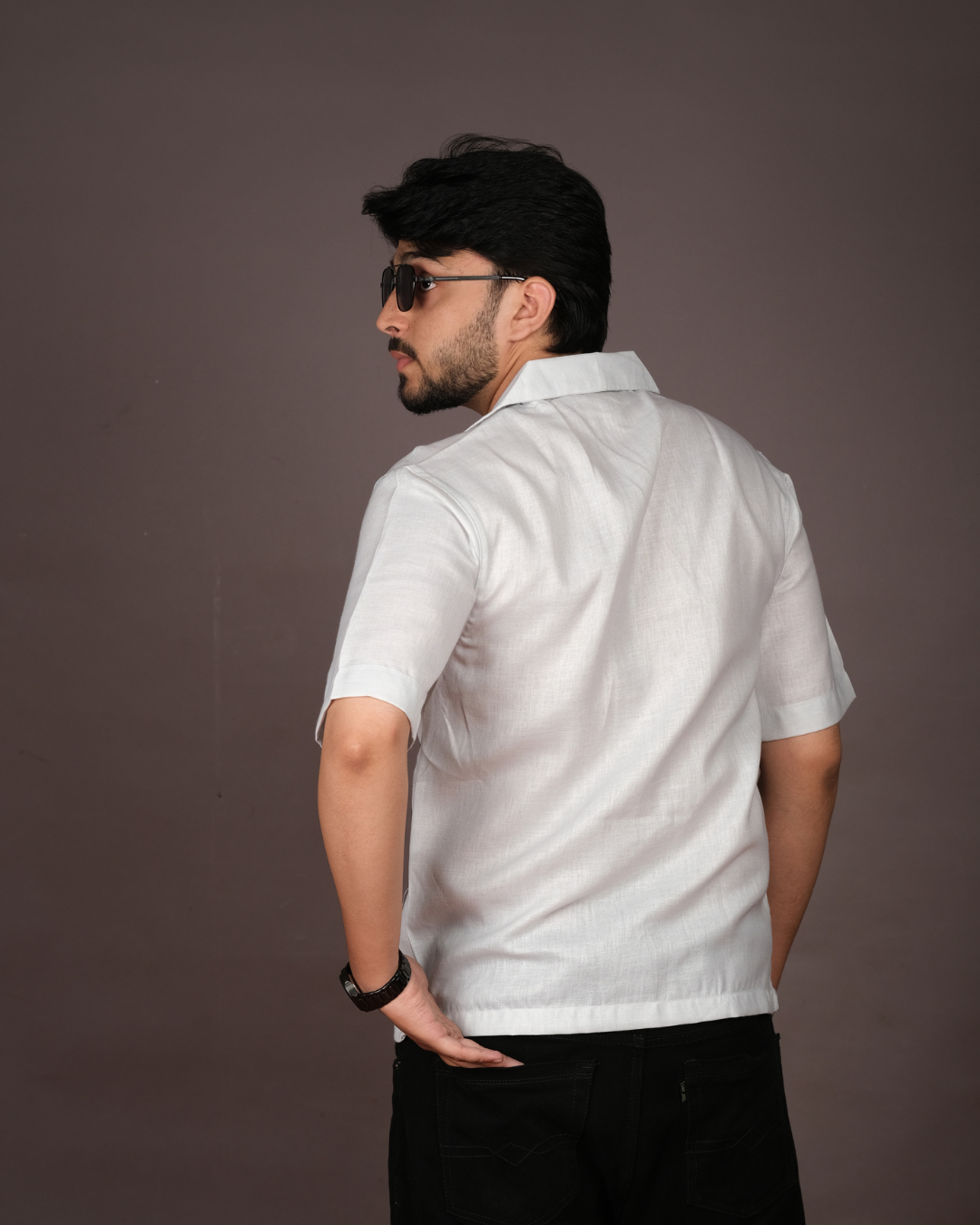 Men's Retro Print White Linen Blend Shirt