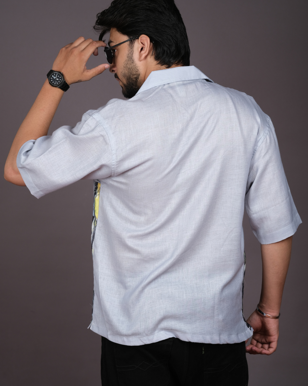 Men's Artistic Abstract Print Light Grey Linen Blend Shirt