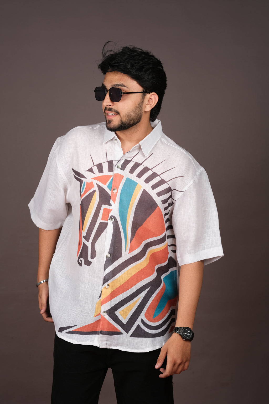 Men's Horse Print White Linen Blend Shirt