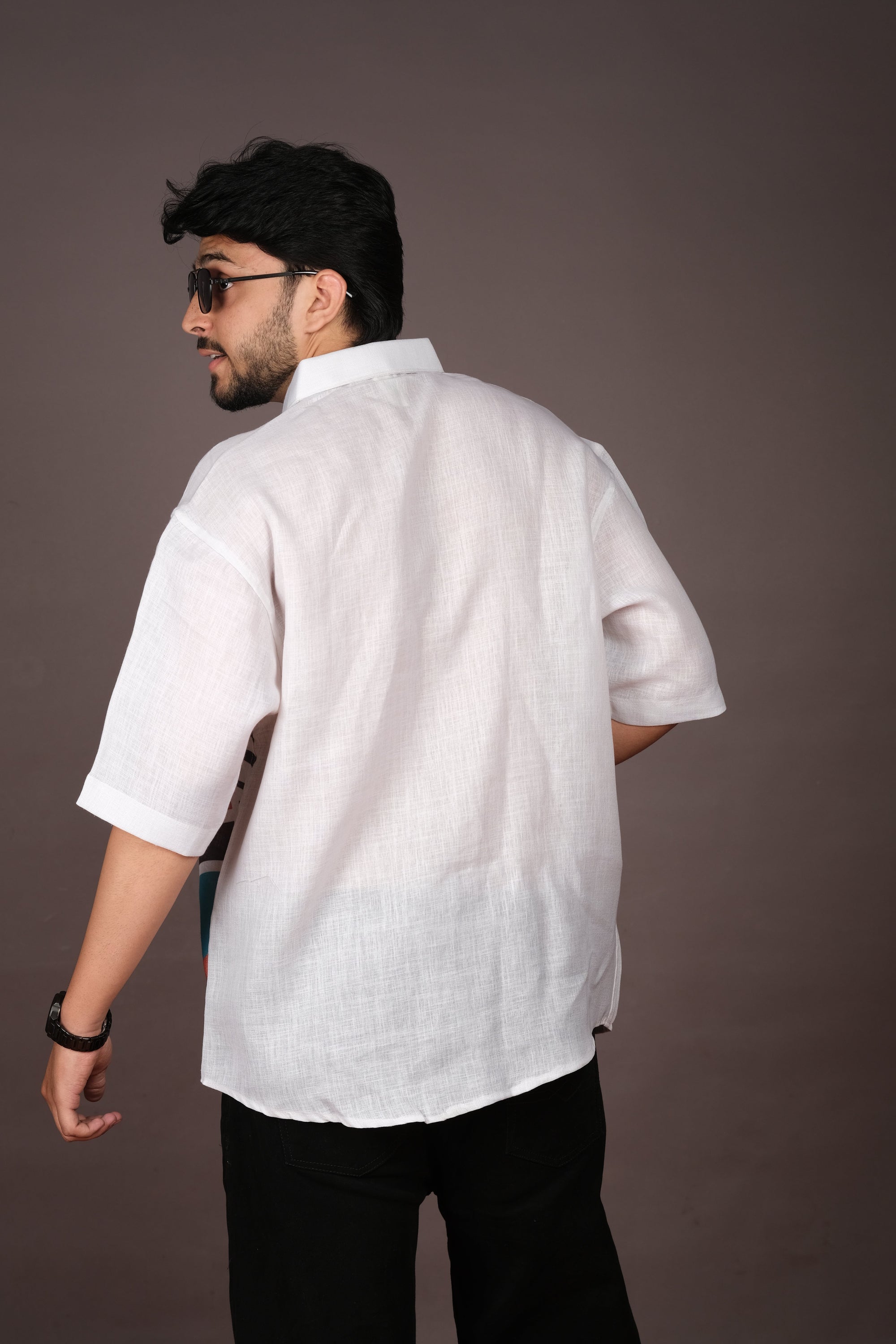 Men's Horse Print White Linen Blend Shirt