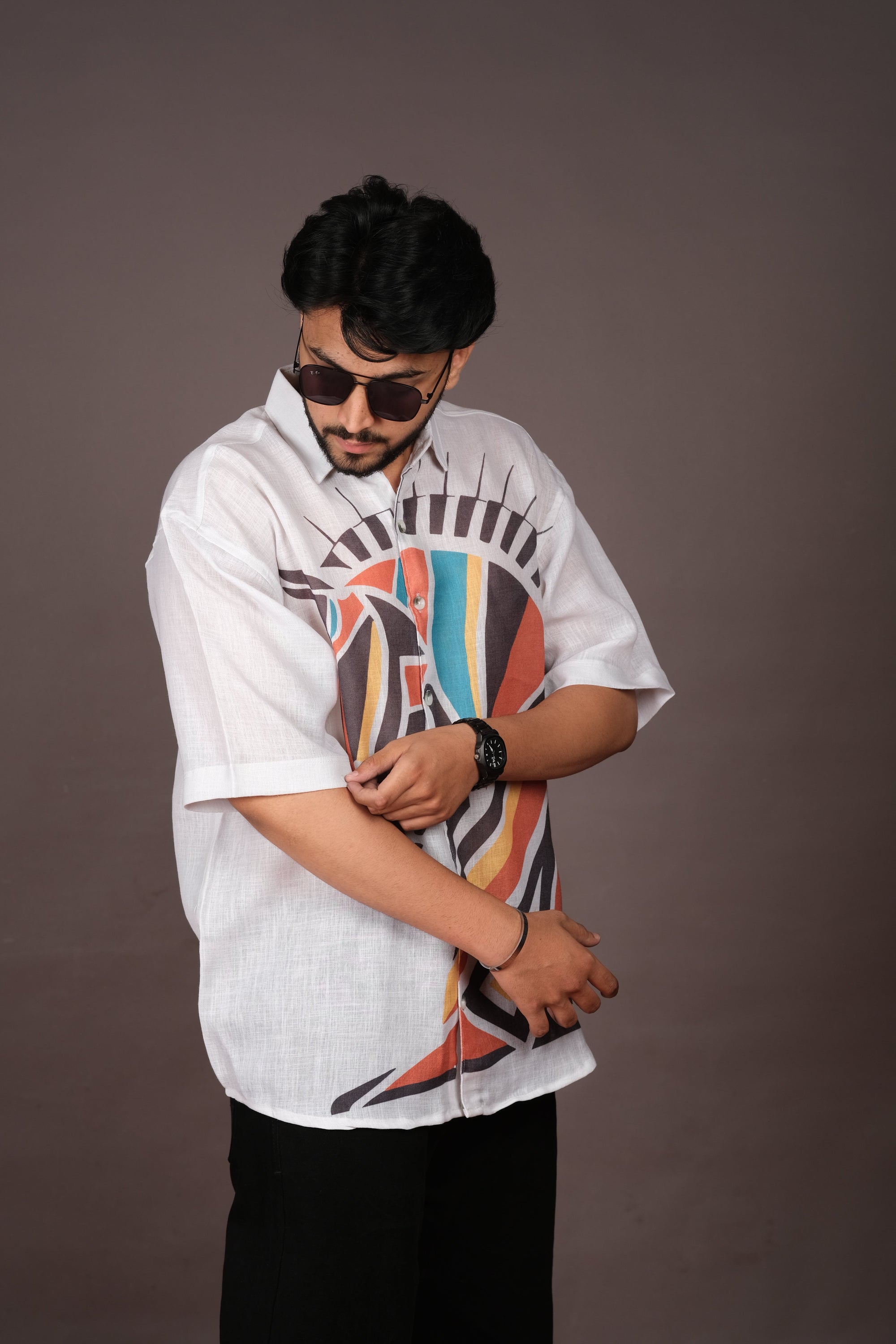 Men's Horse Print White Linen Blend Shirt