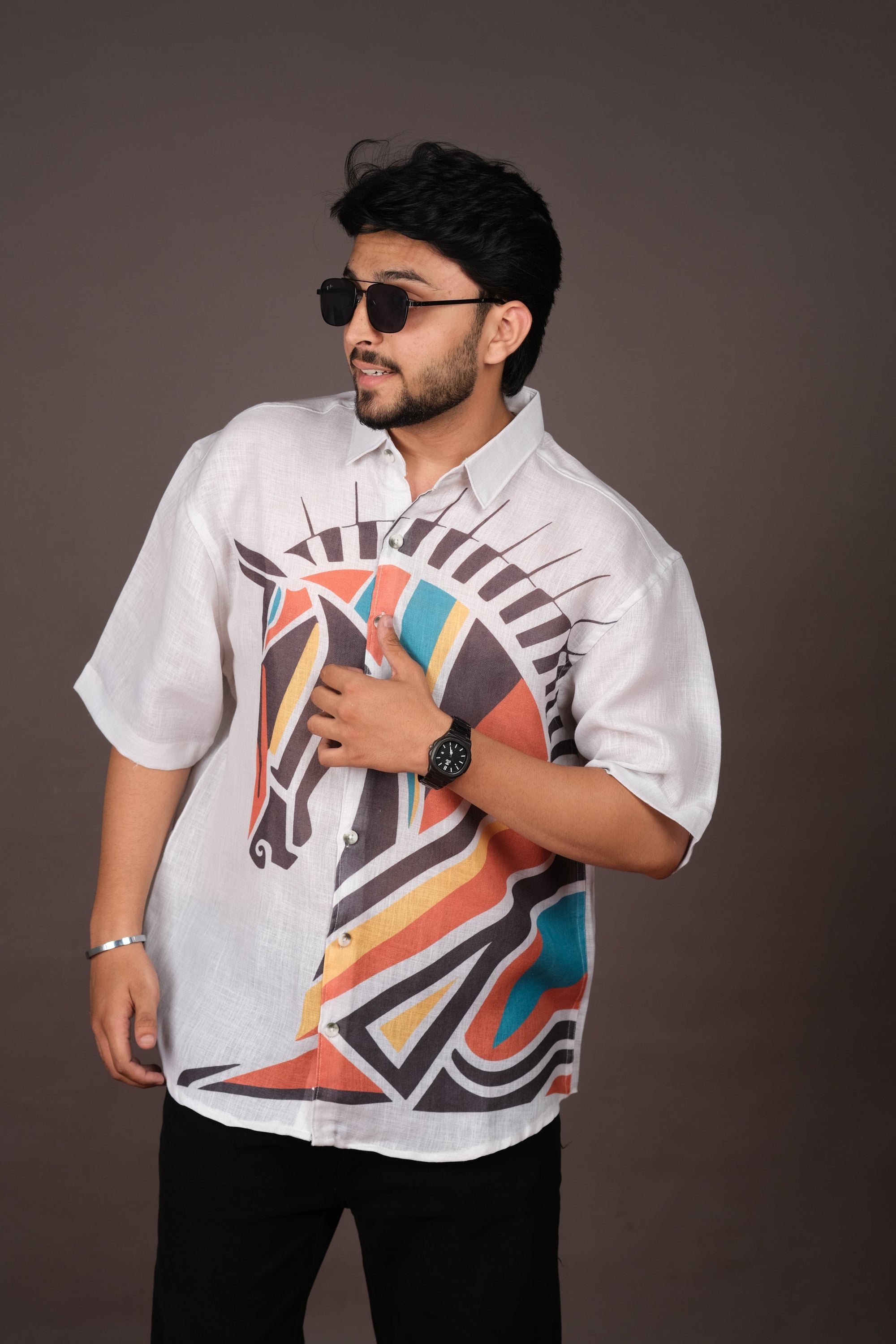 Men's Horse Print White Linen Blend Shirt