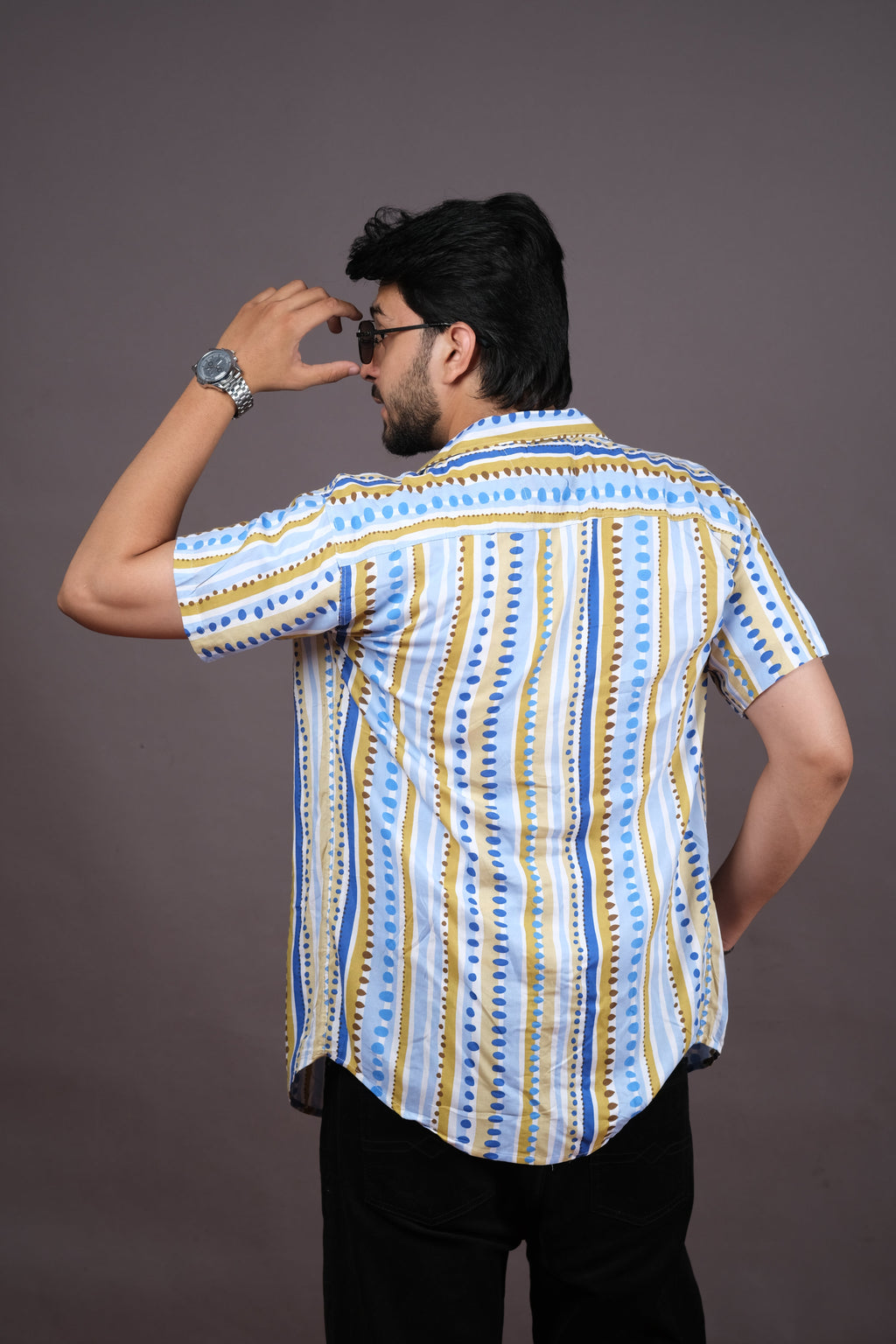 Men’s Blue Yellow Striped Printed Shirt