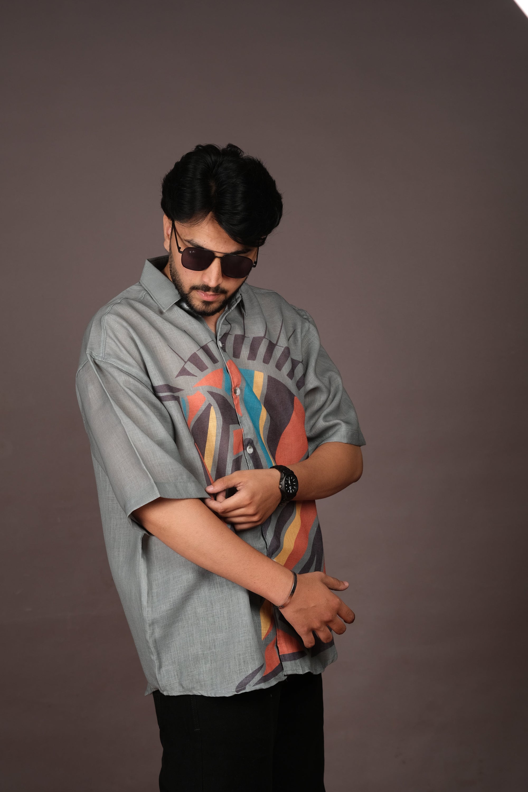 Men's Horse Print Grey Linen Blend Shirt