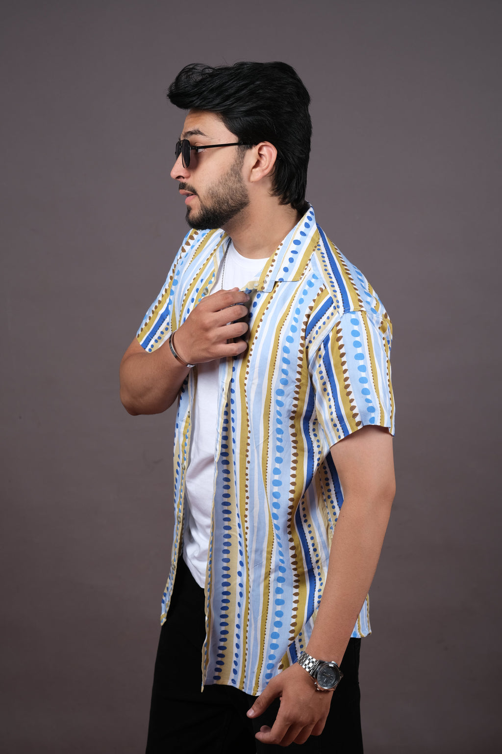 Men’s Blue Yellow Striped Printed Shirt
