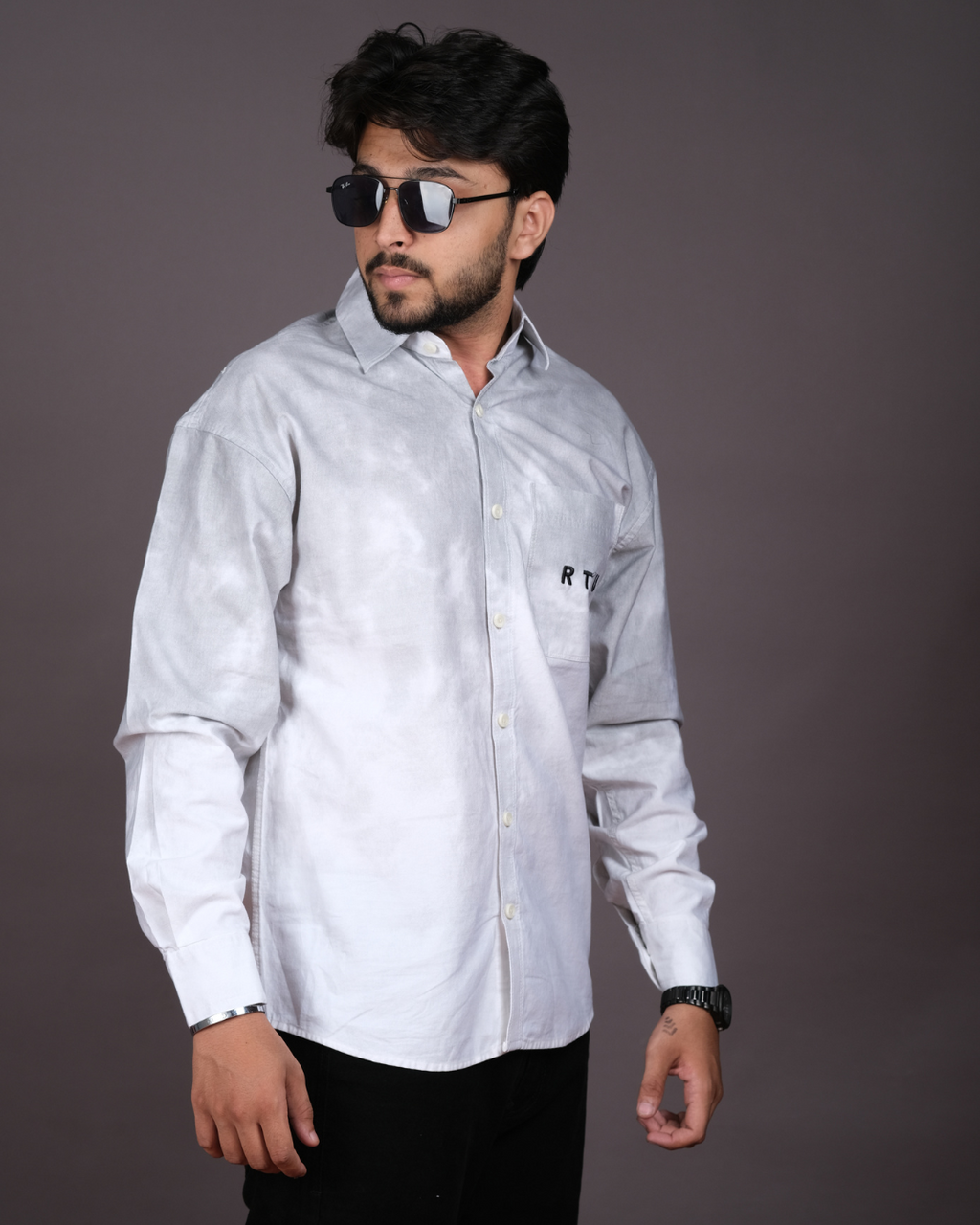 Men’s White & Grey Tie‑Dye Ombre Long Sleeve Shirt