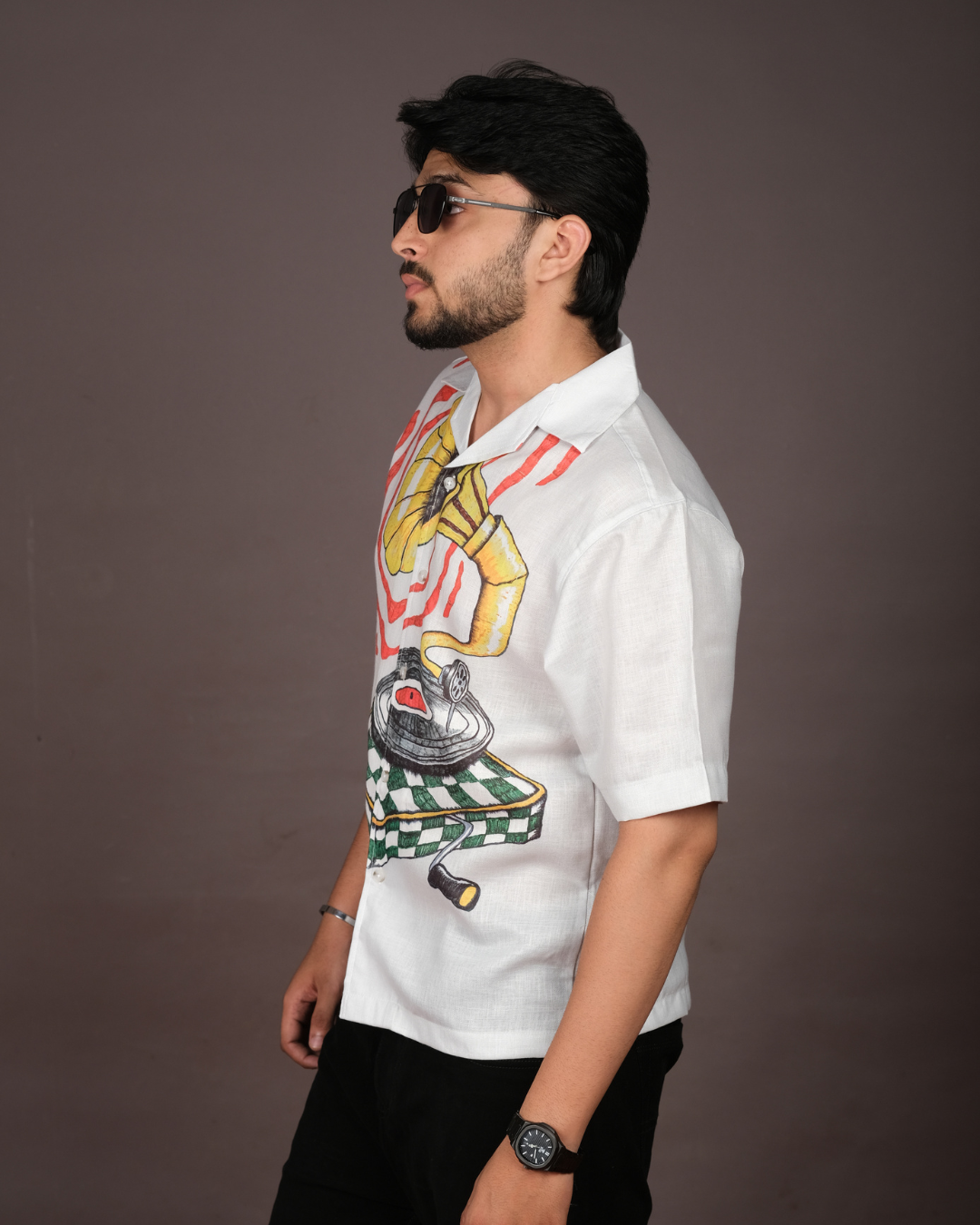 Men's Retro Print White Linen Blend Shirt