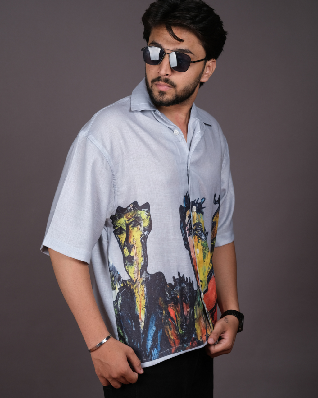 Men's Artistic Abstract Print Light Grey Linen Blend Shirt