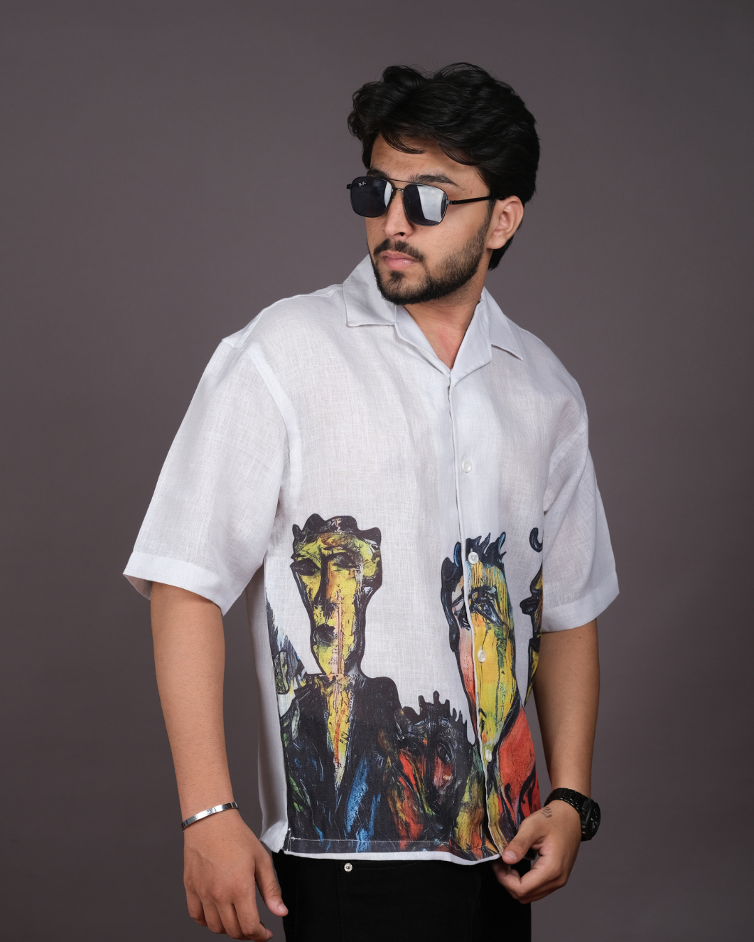 Men's Artistic Abstract Print White Linen Blend Shirt