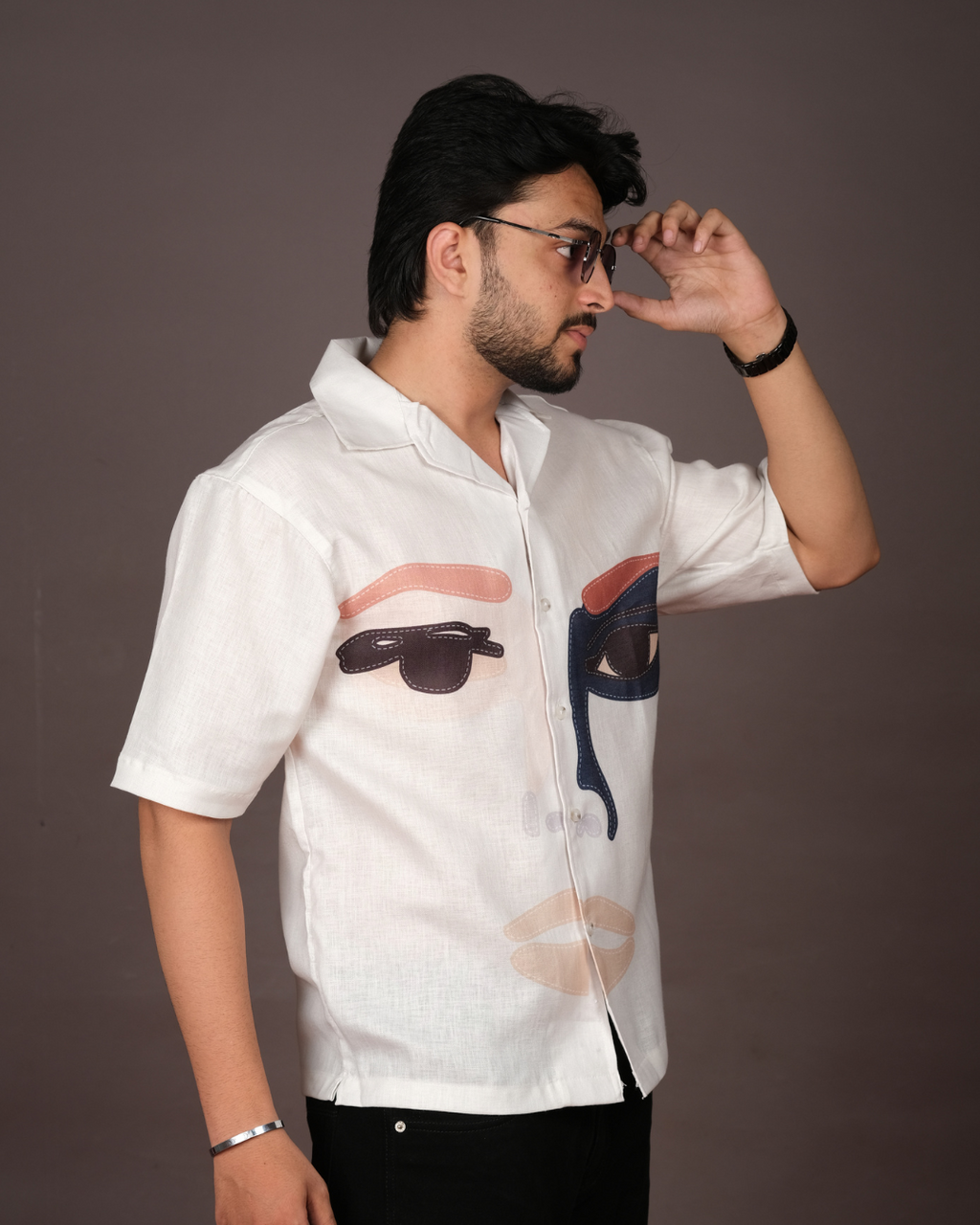 Men's Face Art White Linen Blend Shirt