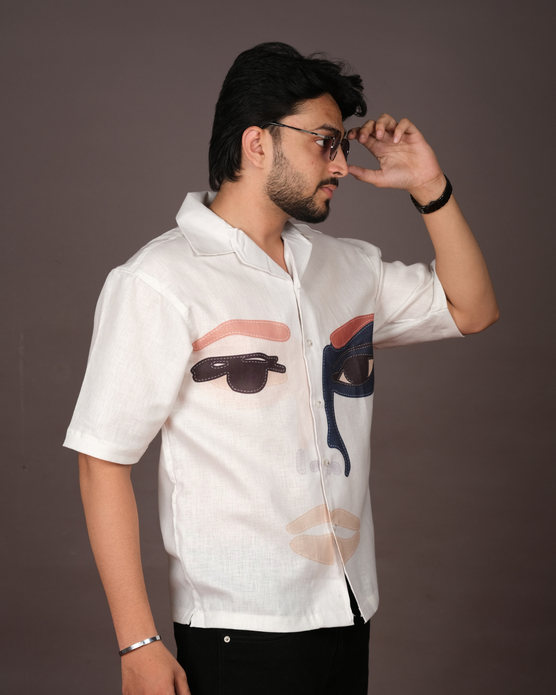 Men's Face Art White Linen Blend Shirt