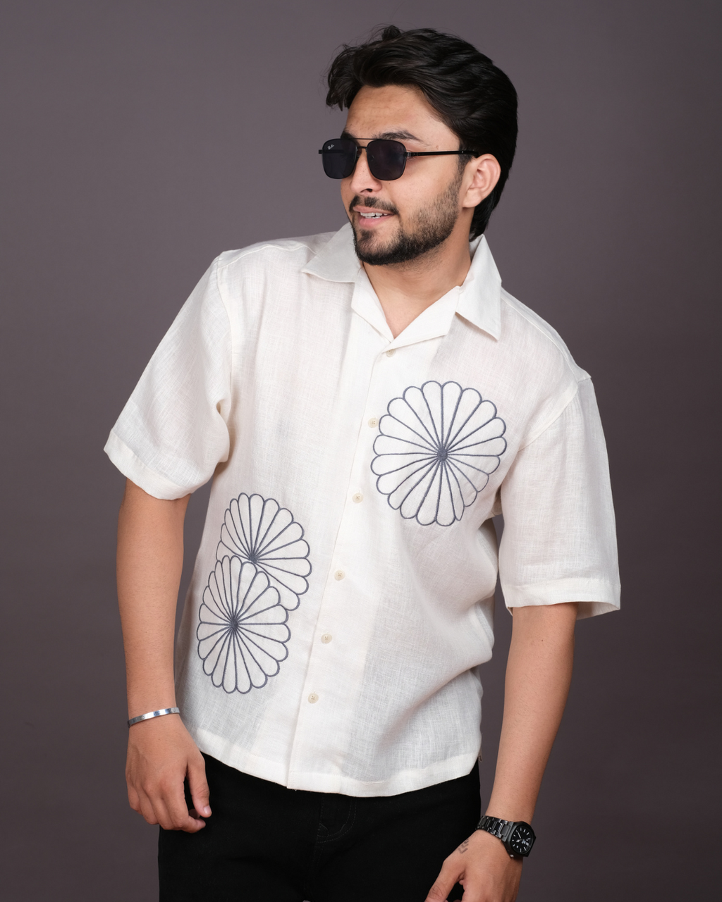 Men’s Linen Cuban Collar Shirt with Bold Floral
