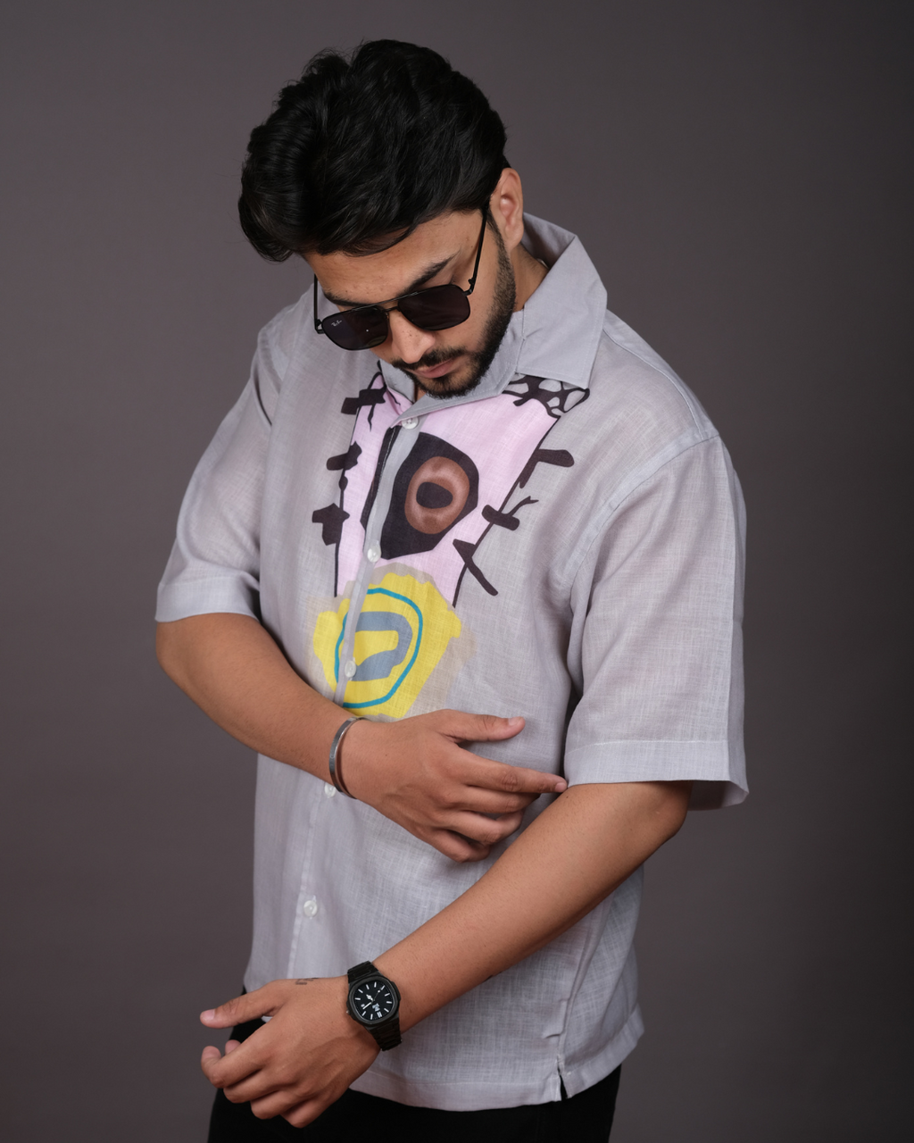 Men's Modern Abstract Print Light Grey Linen Blend Shirt