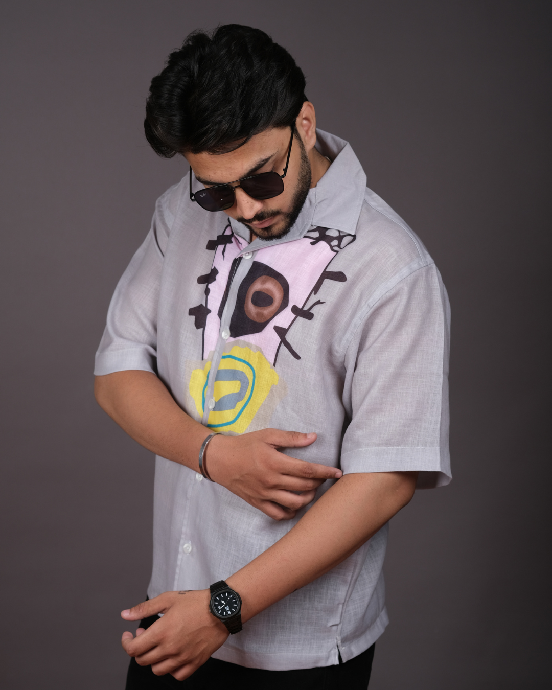 Men's Modern Abstract Print Light Grey Linen Blend Shirt