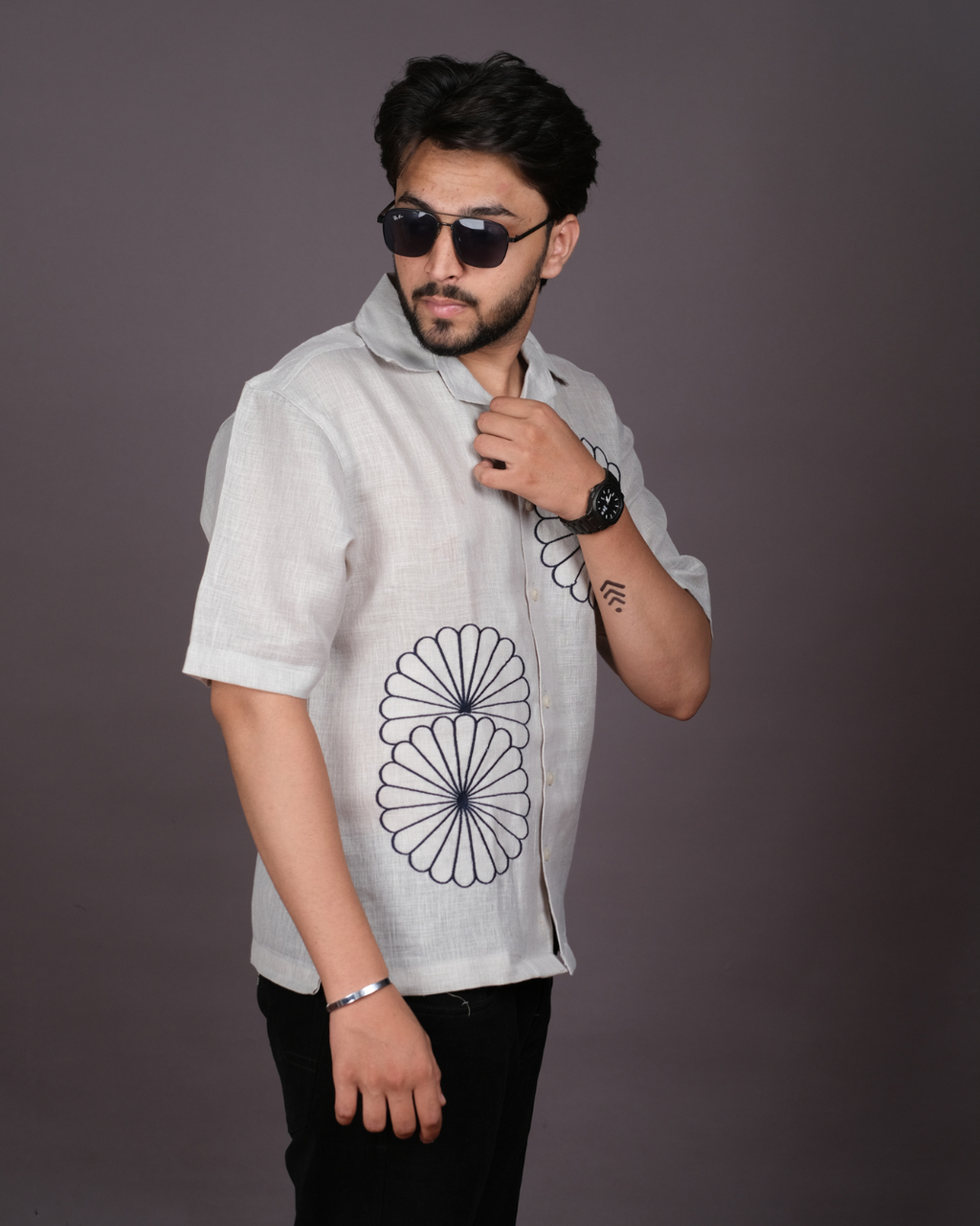 Men’s Linen Cuban Collar Shirt with Bold Floral