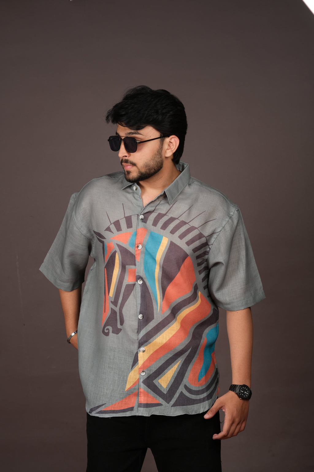 Men's Horse Print Grey Linen Blend Shirt
