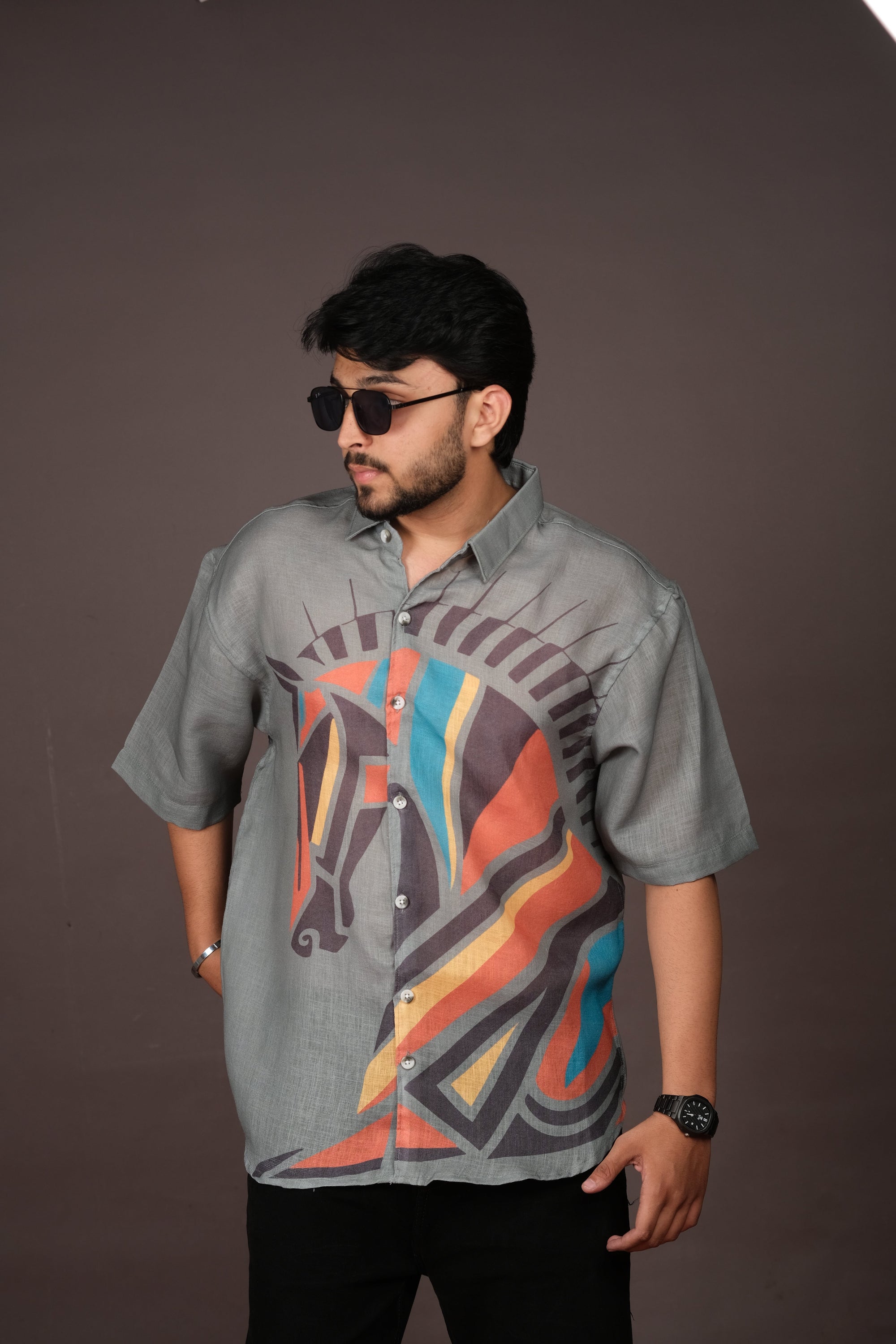 Men's Horse Print Grey Linen Blend Shirt