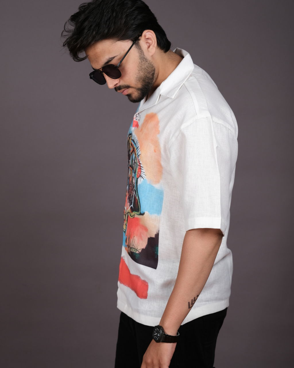 Men's Artistic Graffiti Print White Linen Blend Shirt