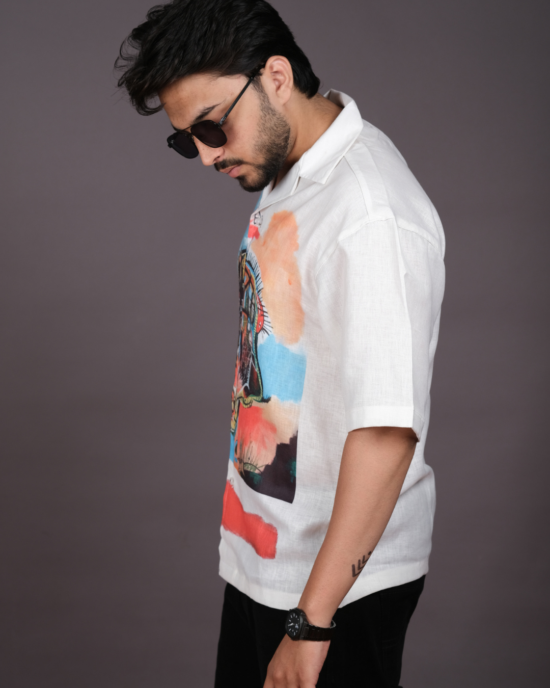 Men's Artistic Graffiti Print White Linen Blend Shirt